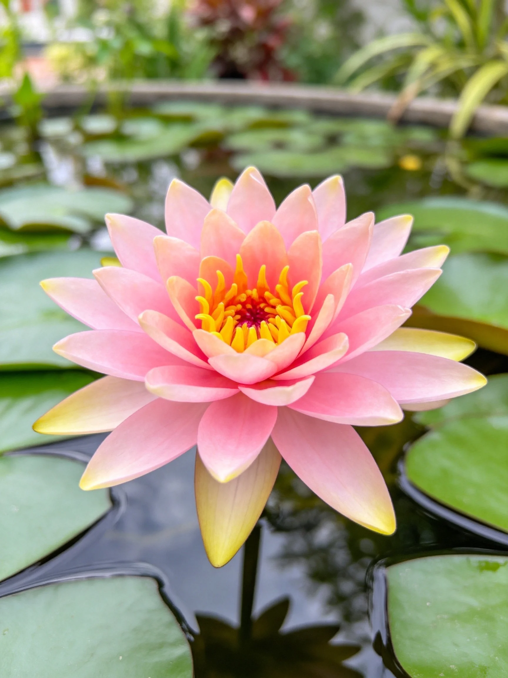 Pink water lily with yellow center, green lily pads in water