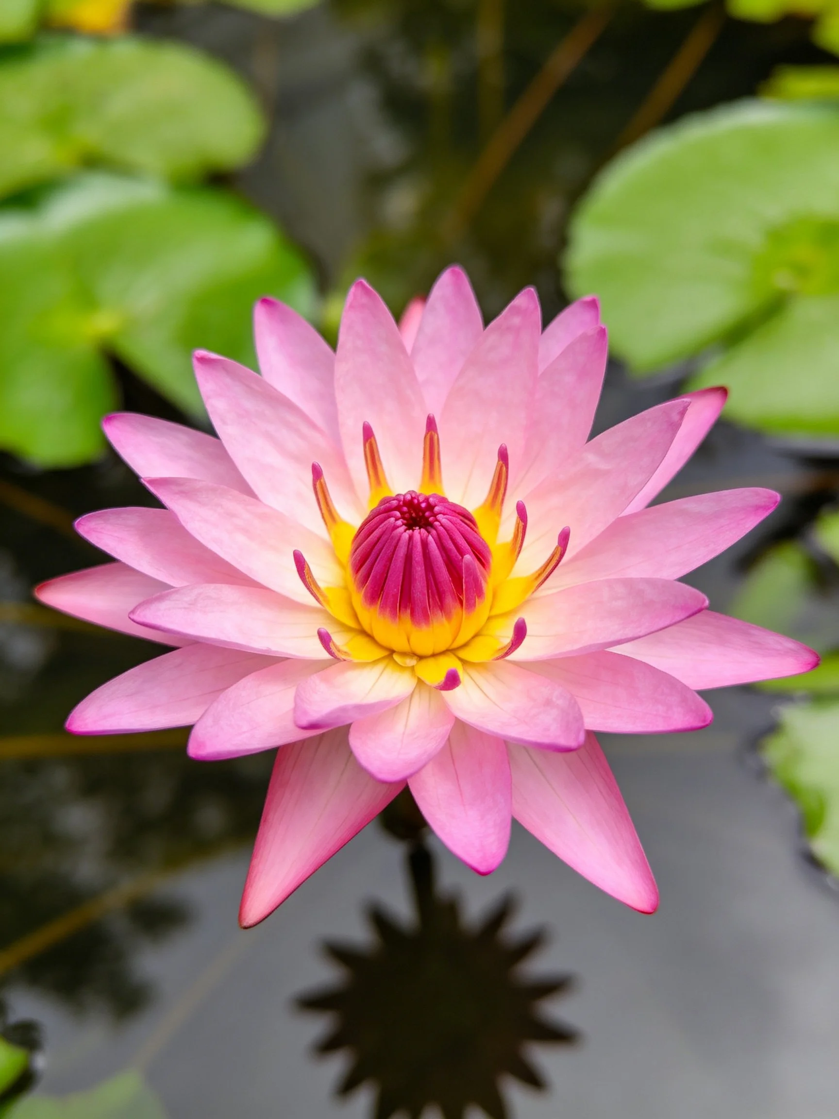 Pink water lily with yellow center surrounded by green lily pads