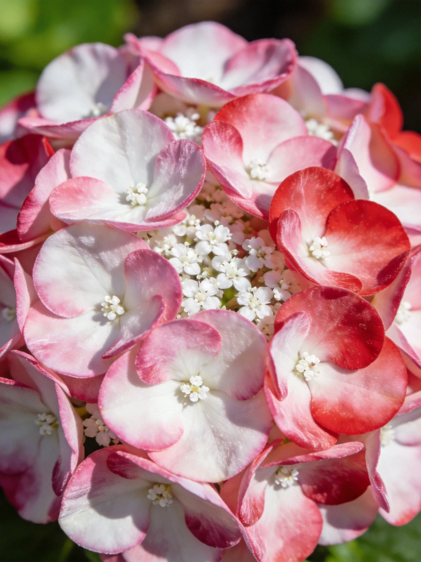 Pink, white, and red hydrangea blooms with central white flowers