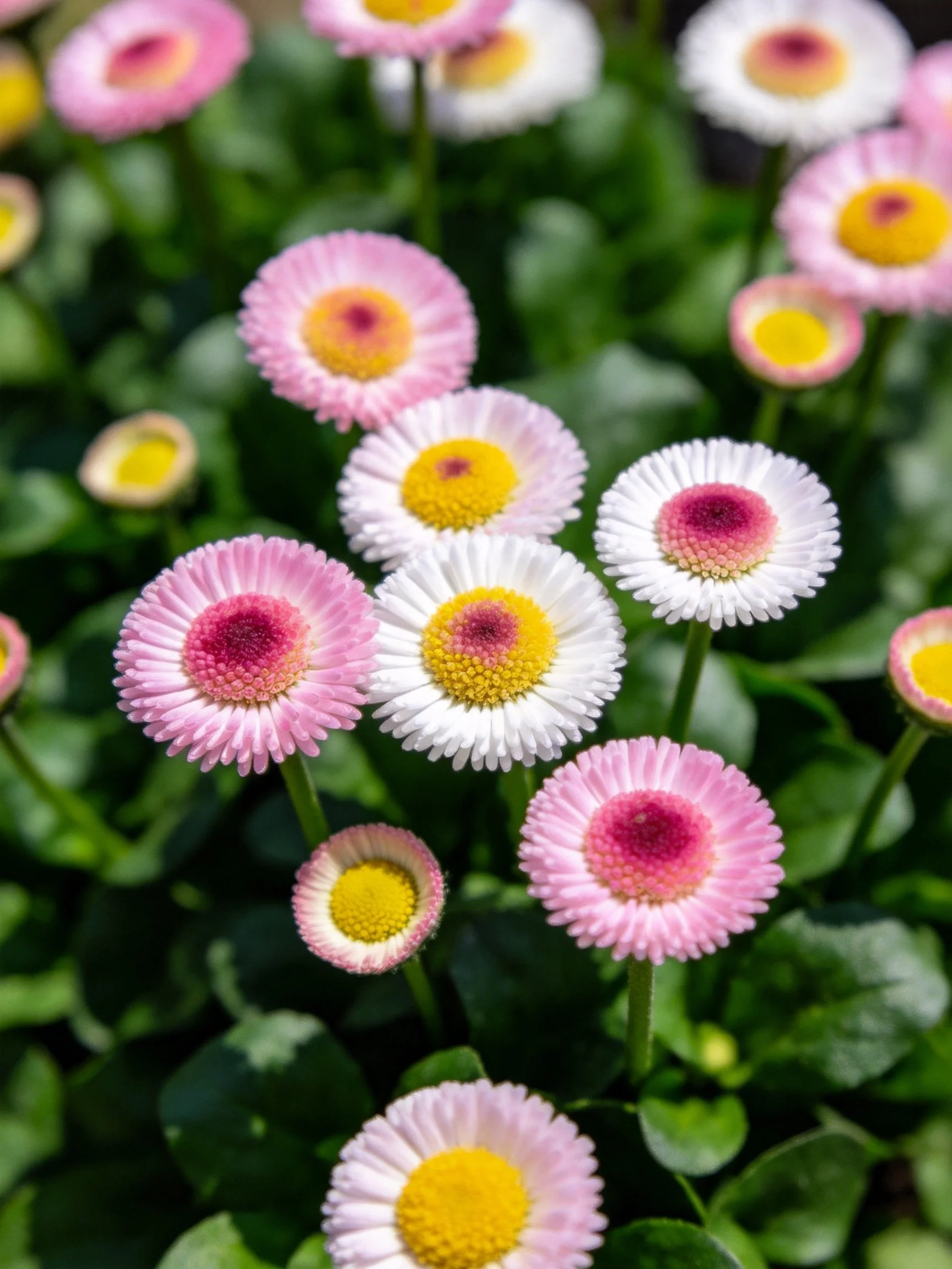 Pink, white, and yellow daisies bloom amid dense green foliage.