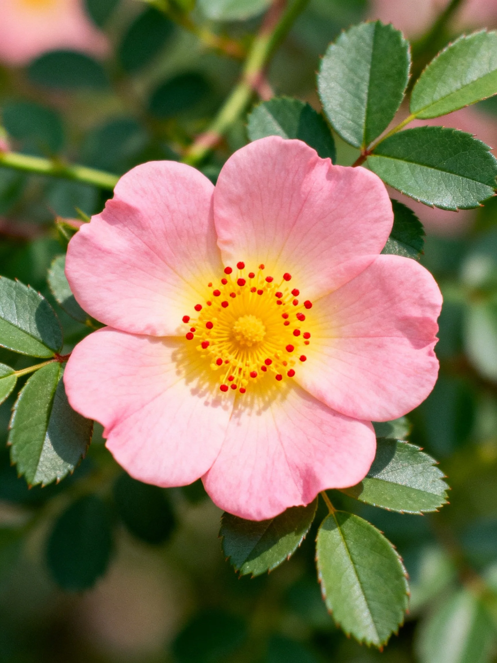 Pink wild rose flower with yellow center and green leaves