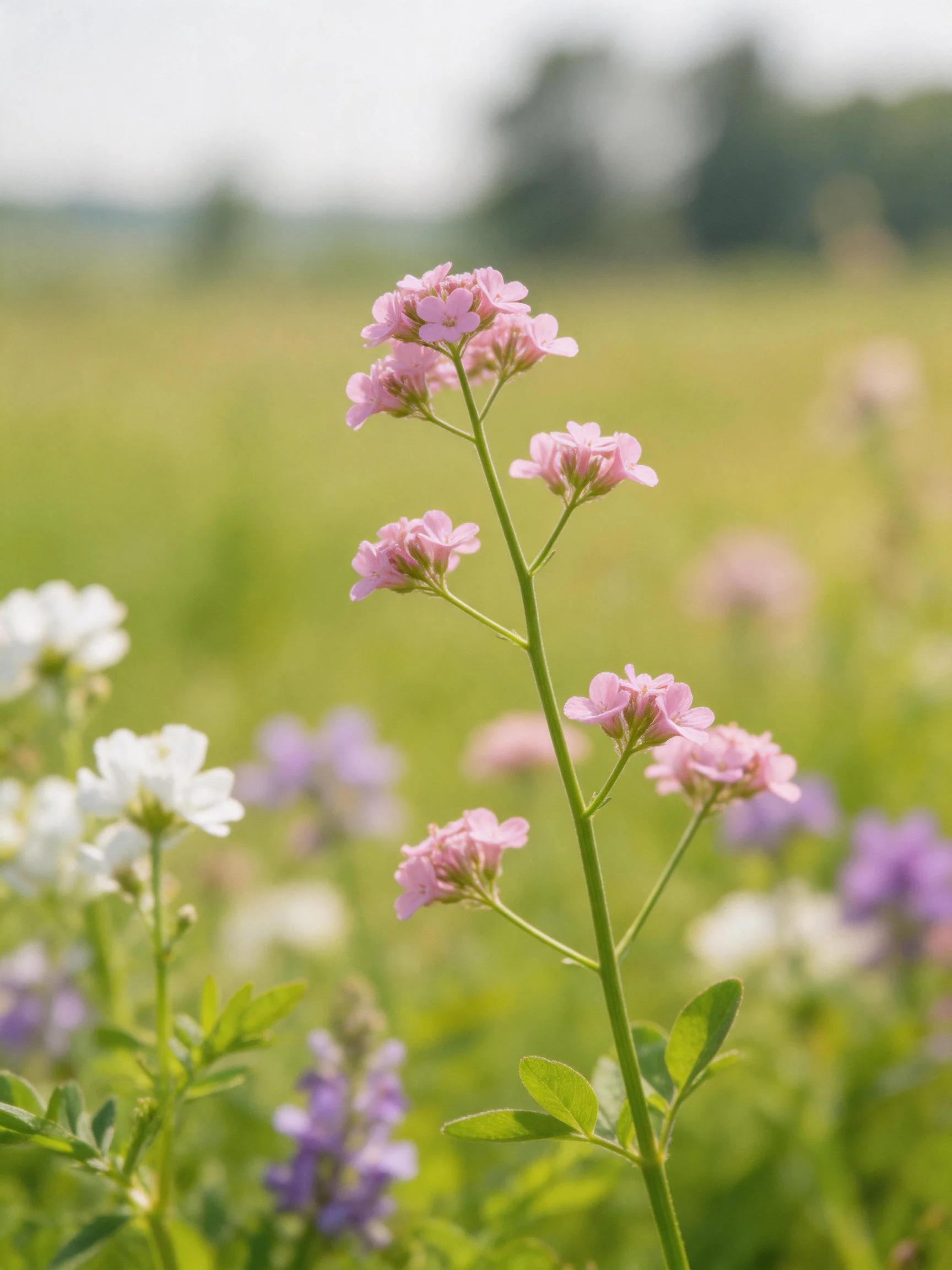 Pink wildflower stem amidst white, purple blooms in sunlit meadow