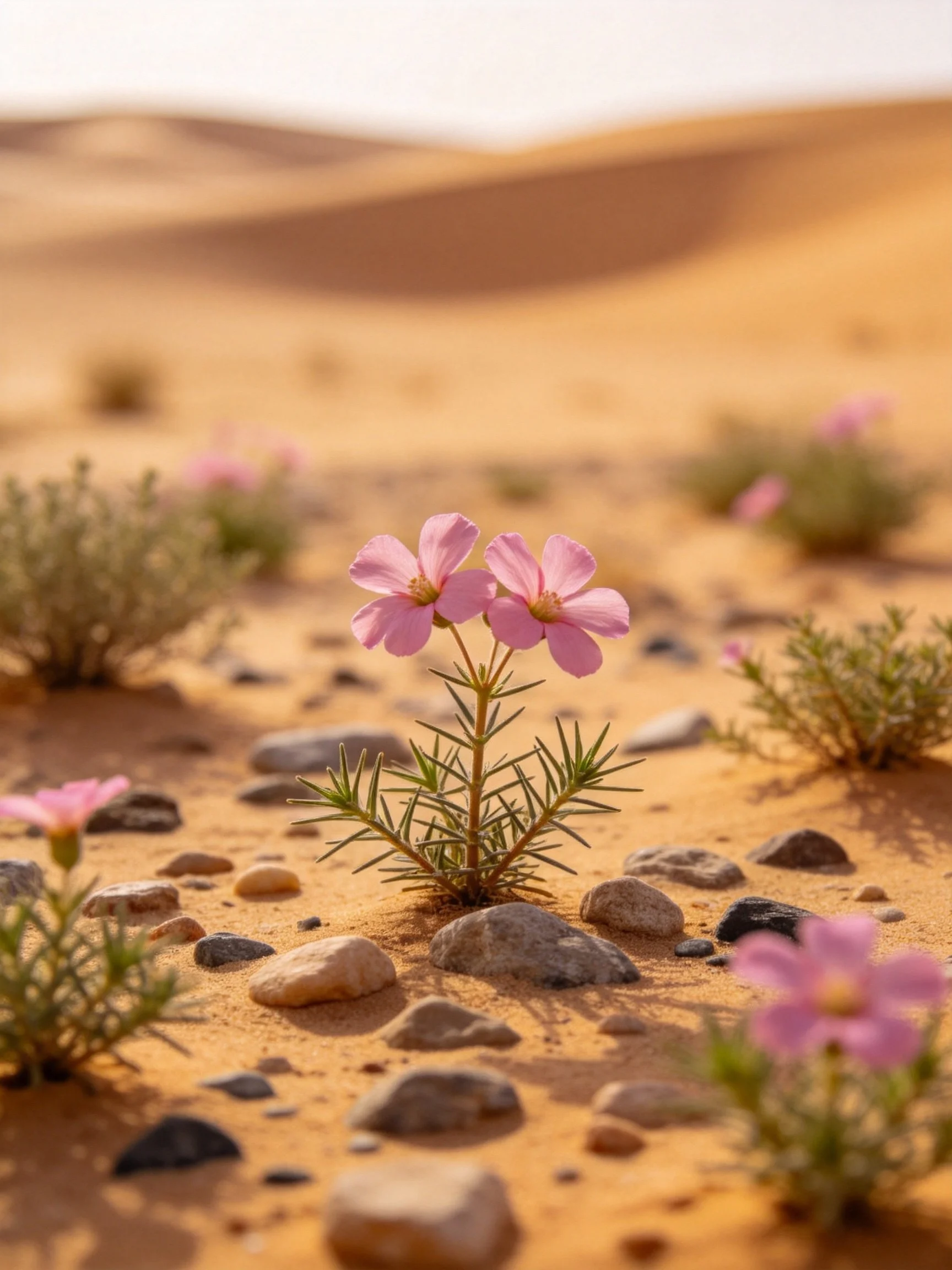 Pink wildflowers bloom among rocks in arid desert landscape