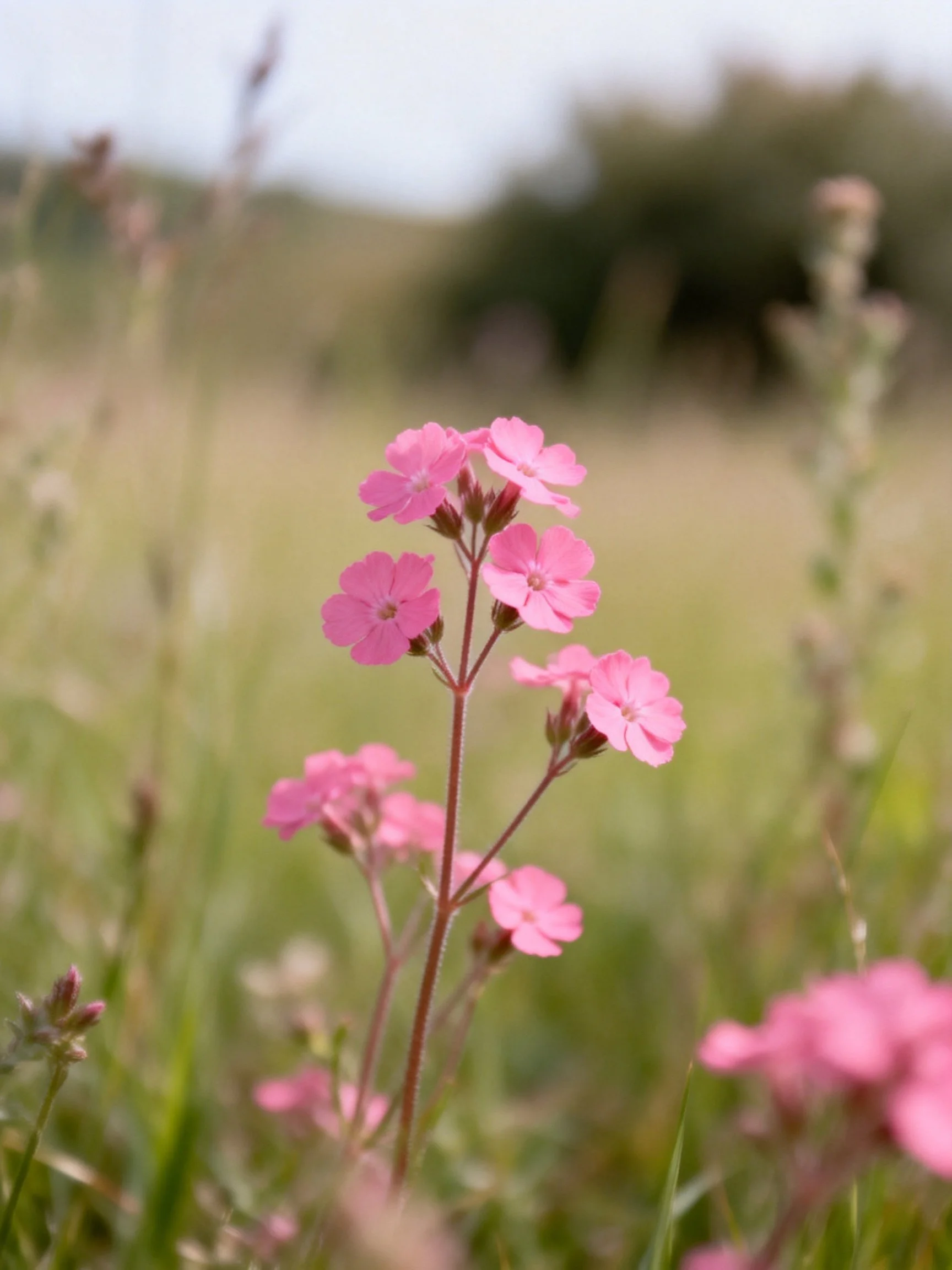 Pink wildflowers centered among blurred greenery and distant trees