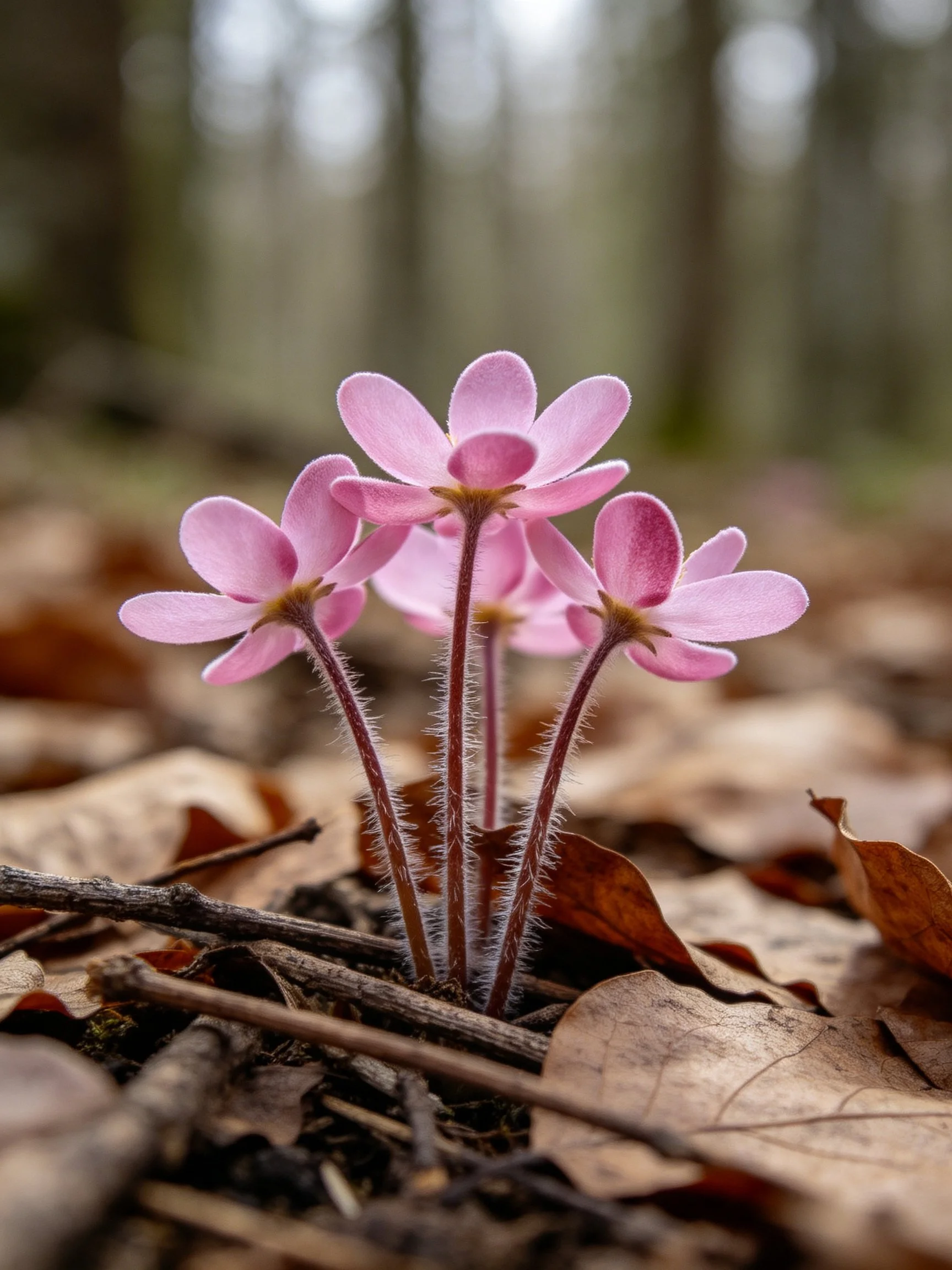 Pink wildflowers emerge from brown leaf litter in a wooded area