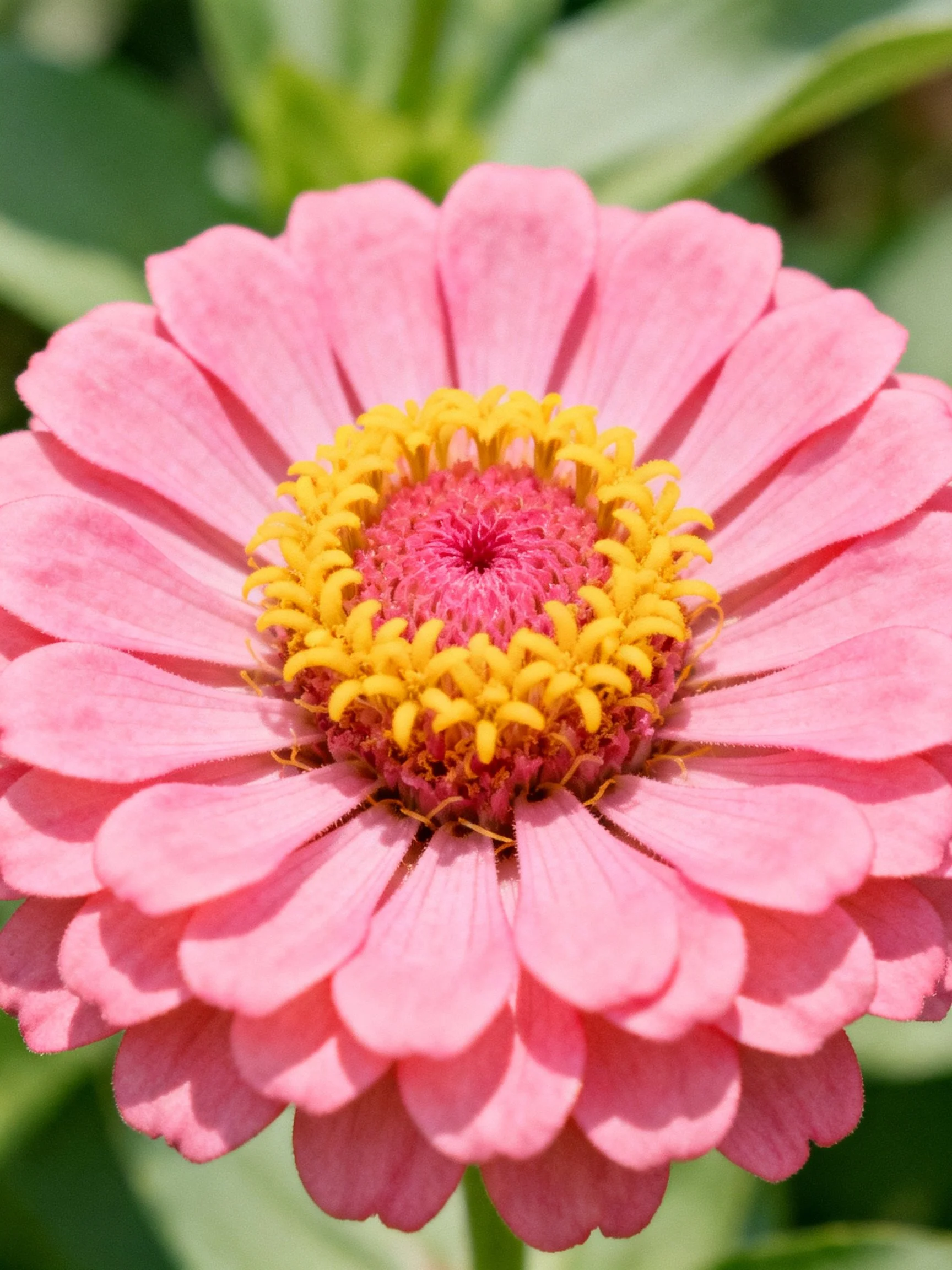 Pink zinnia flower with vibrant yellow center