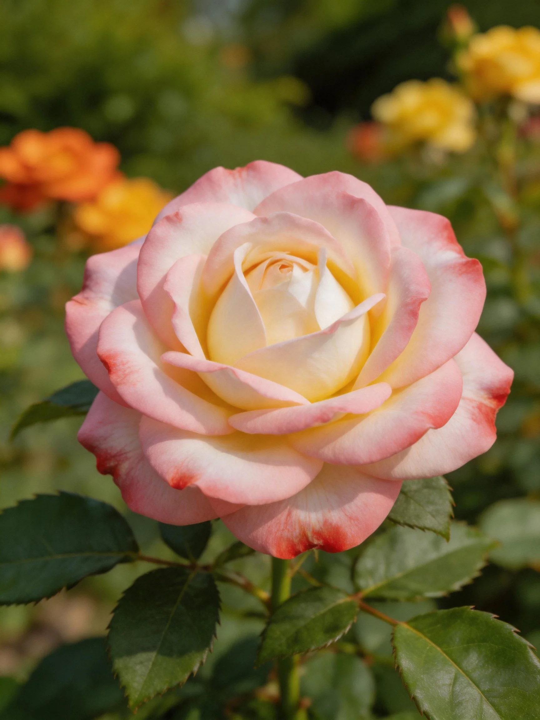 Pinkand white rose with yellow center amid green foliage