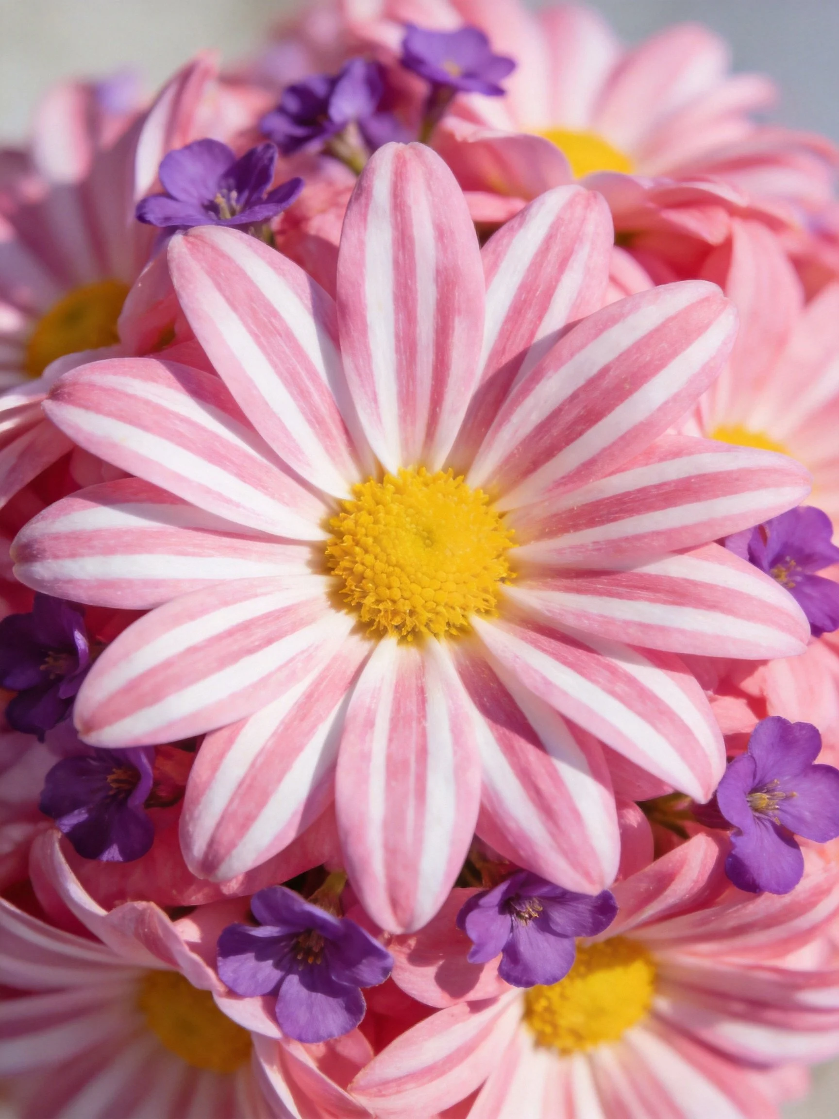 Pinkand white striped daisies with small purple flowers and yellow centers