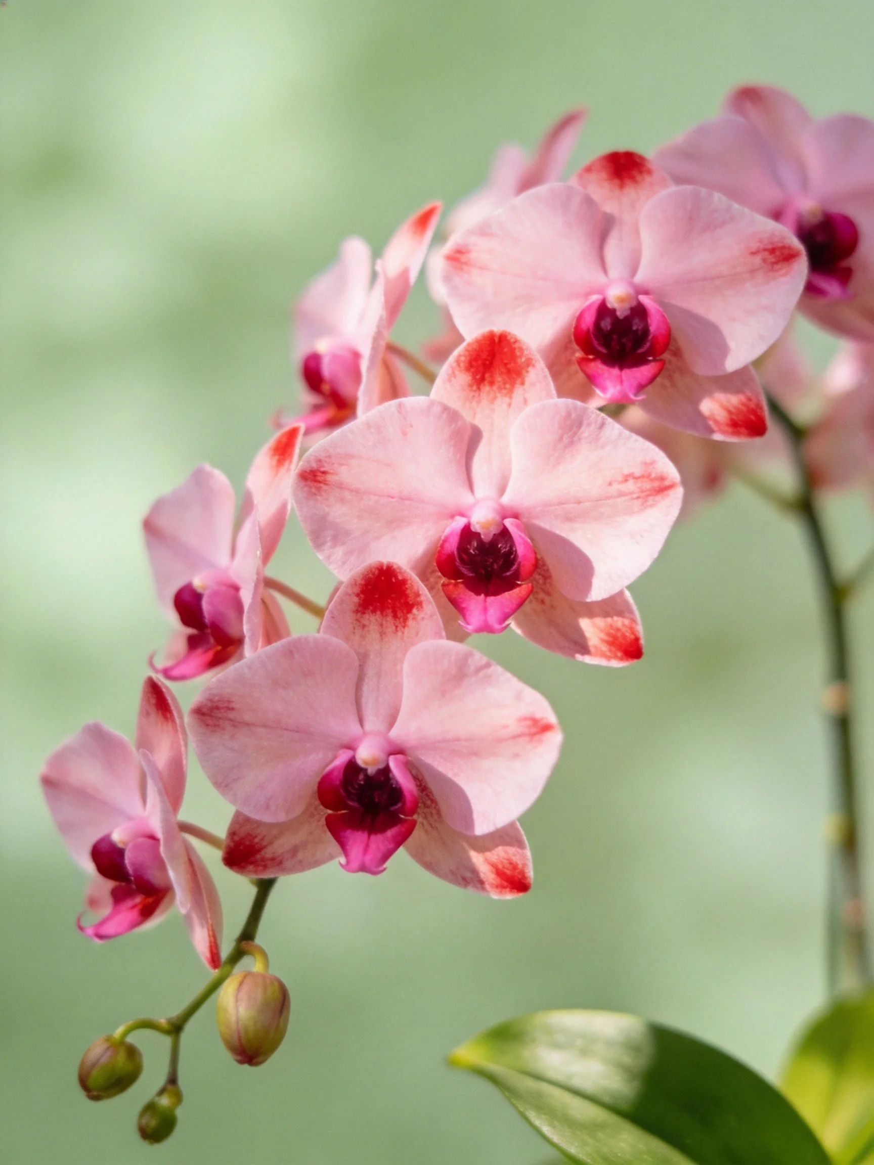 Pinkorchid blossoms with red accents and unopened buds