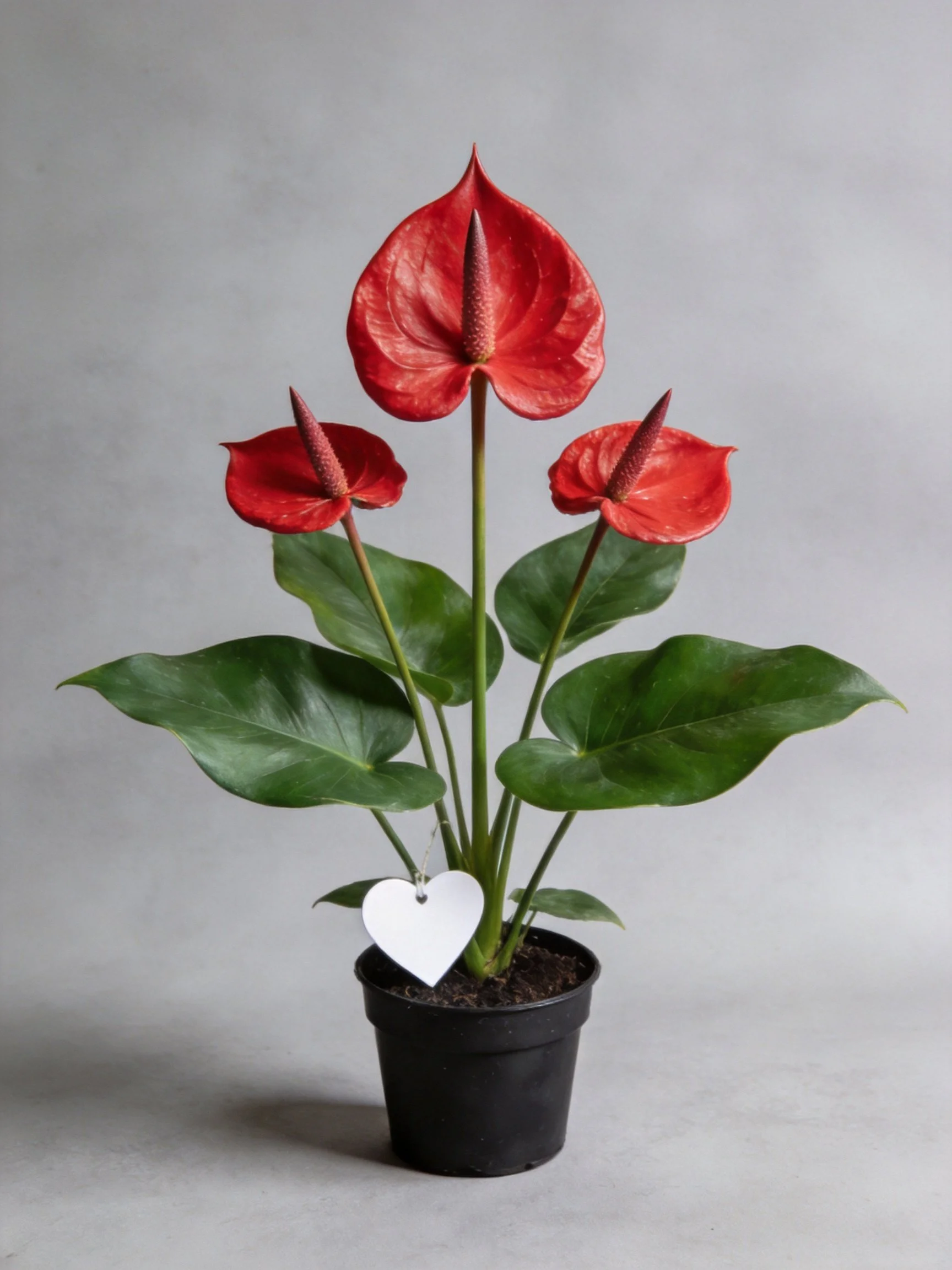 Potted Anthurium with bright red spathe and glossy green leaves
