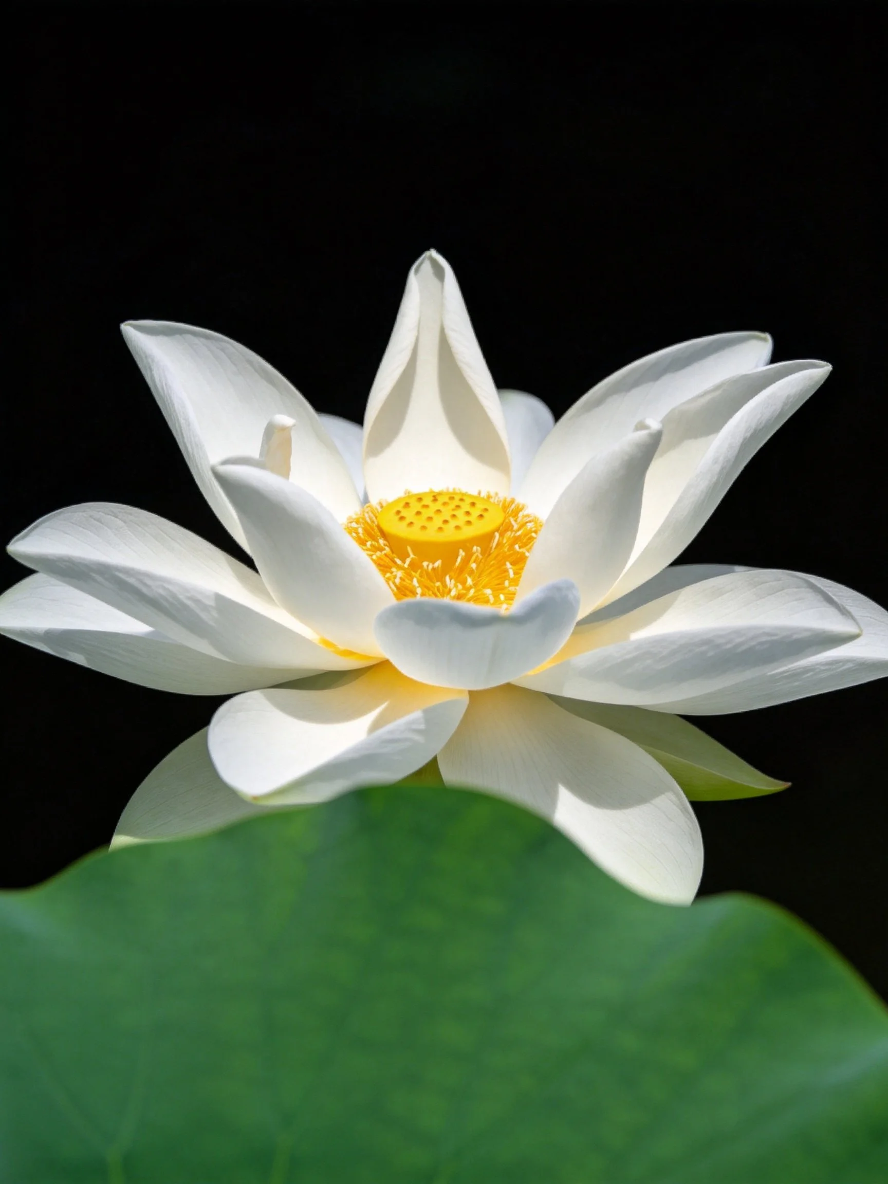 Pristine white lotus with golden center and large green leaf