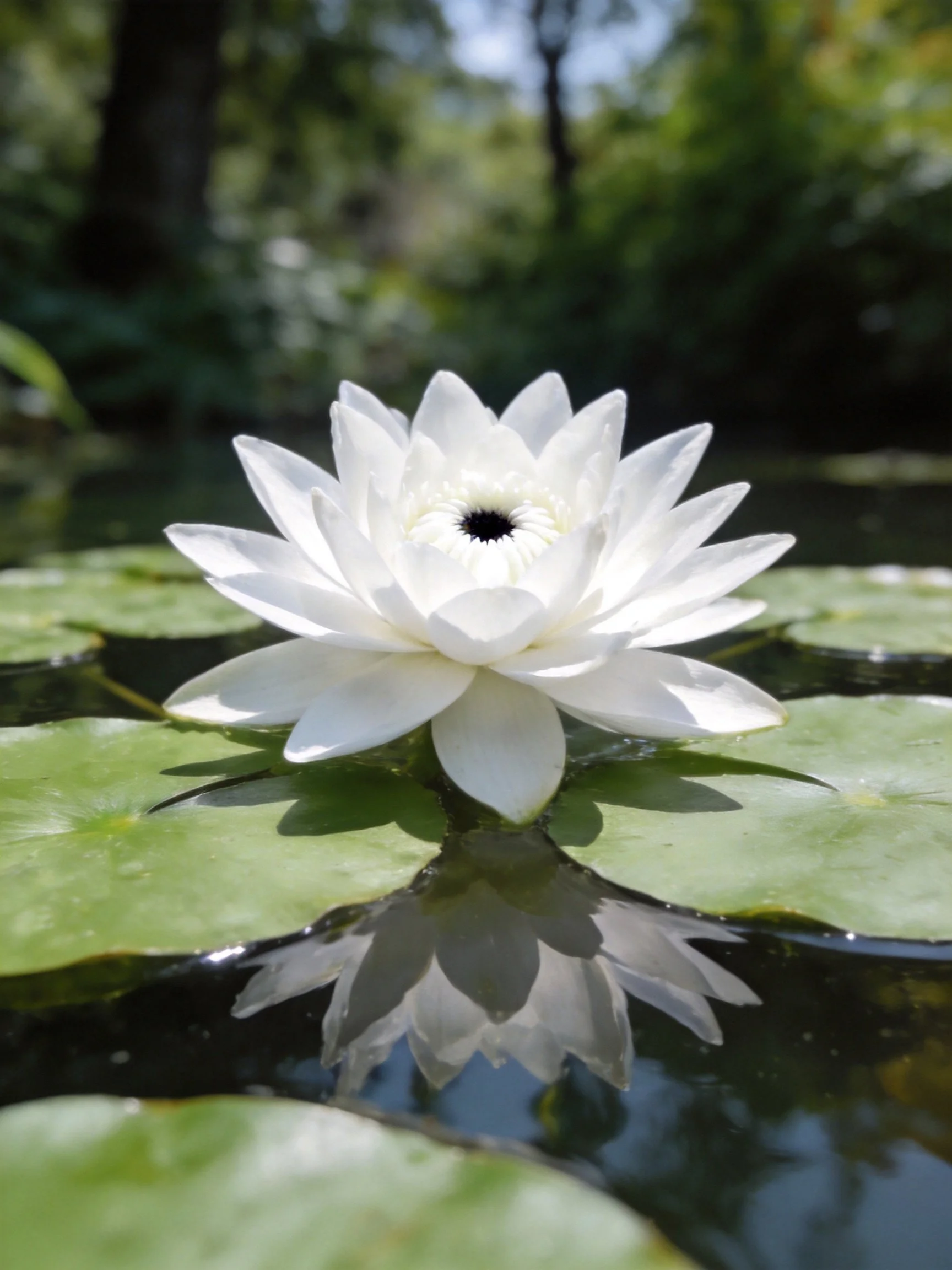 Pristine white water lily blooms on calm water with green lily pads