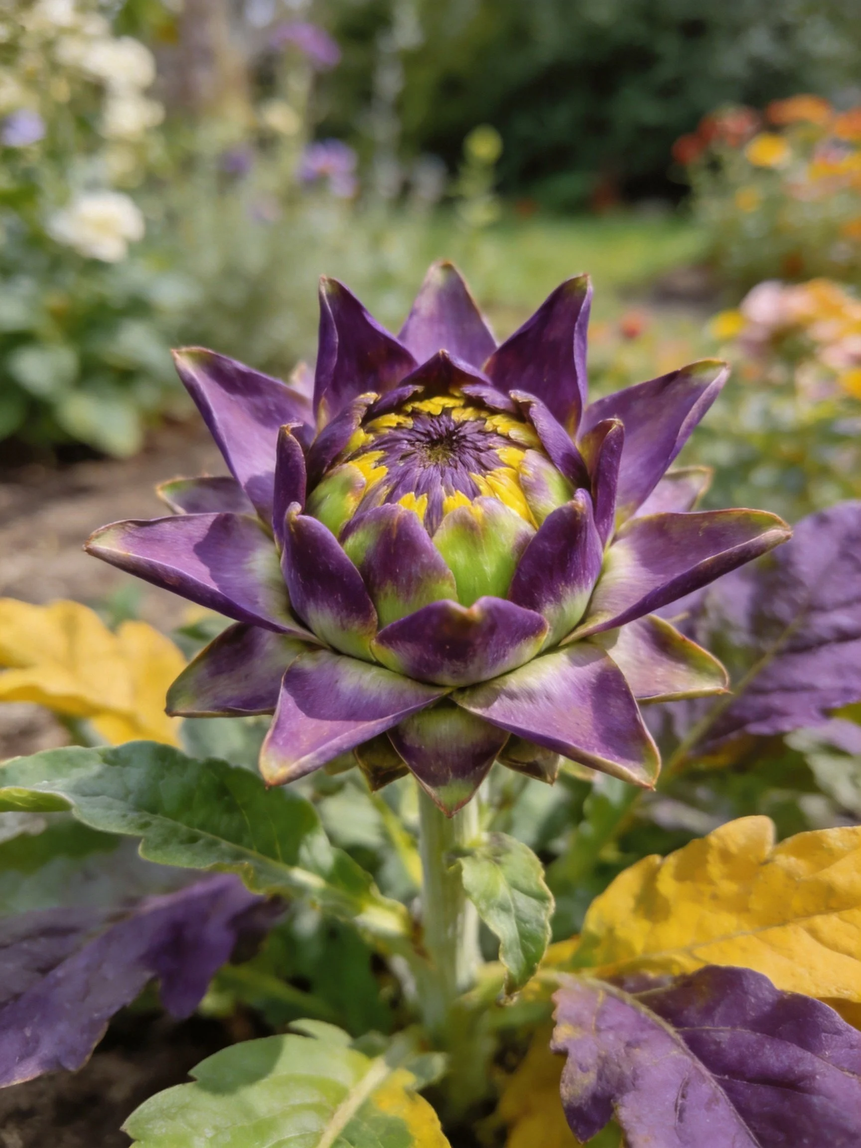 Purple Artichoke Bud with Green and Yellow Details