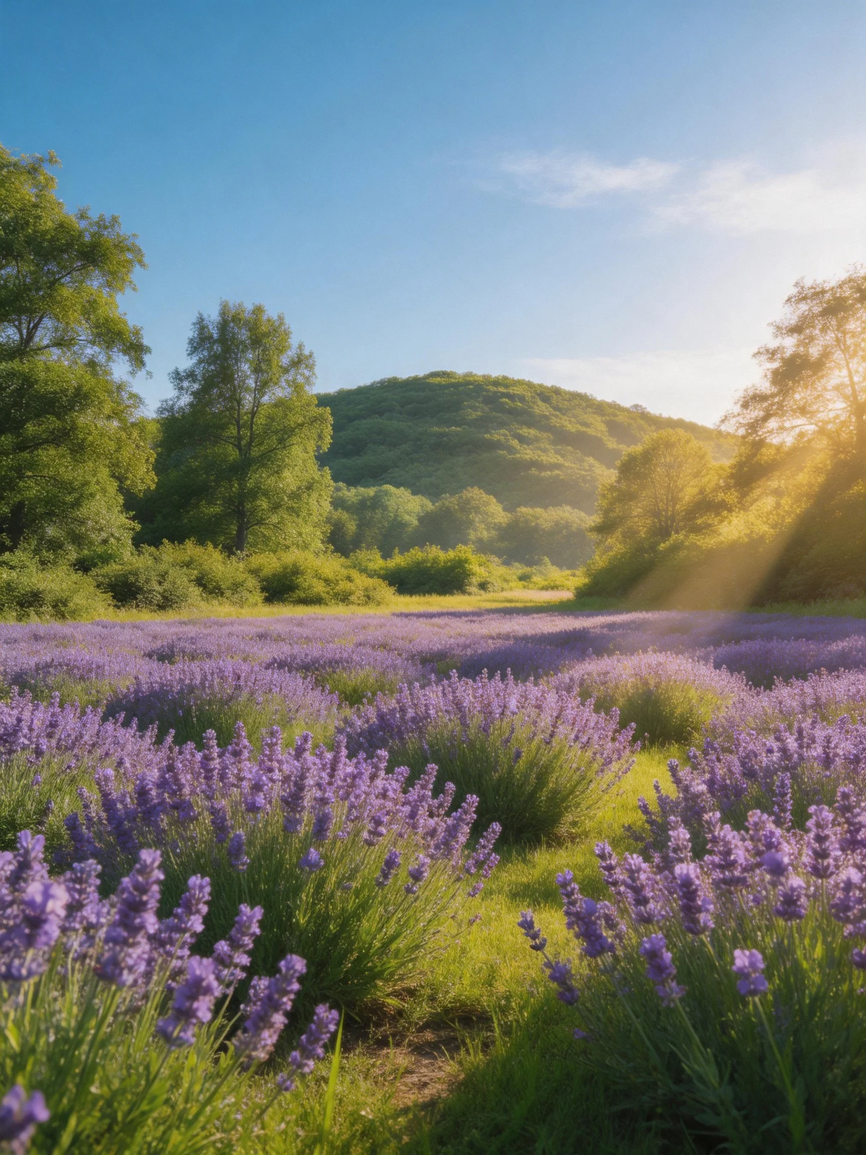 Purple Lavender Fields, Green Trees, and Sunlit Hills