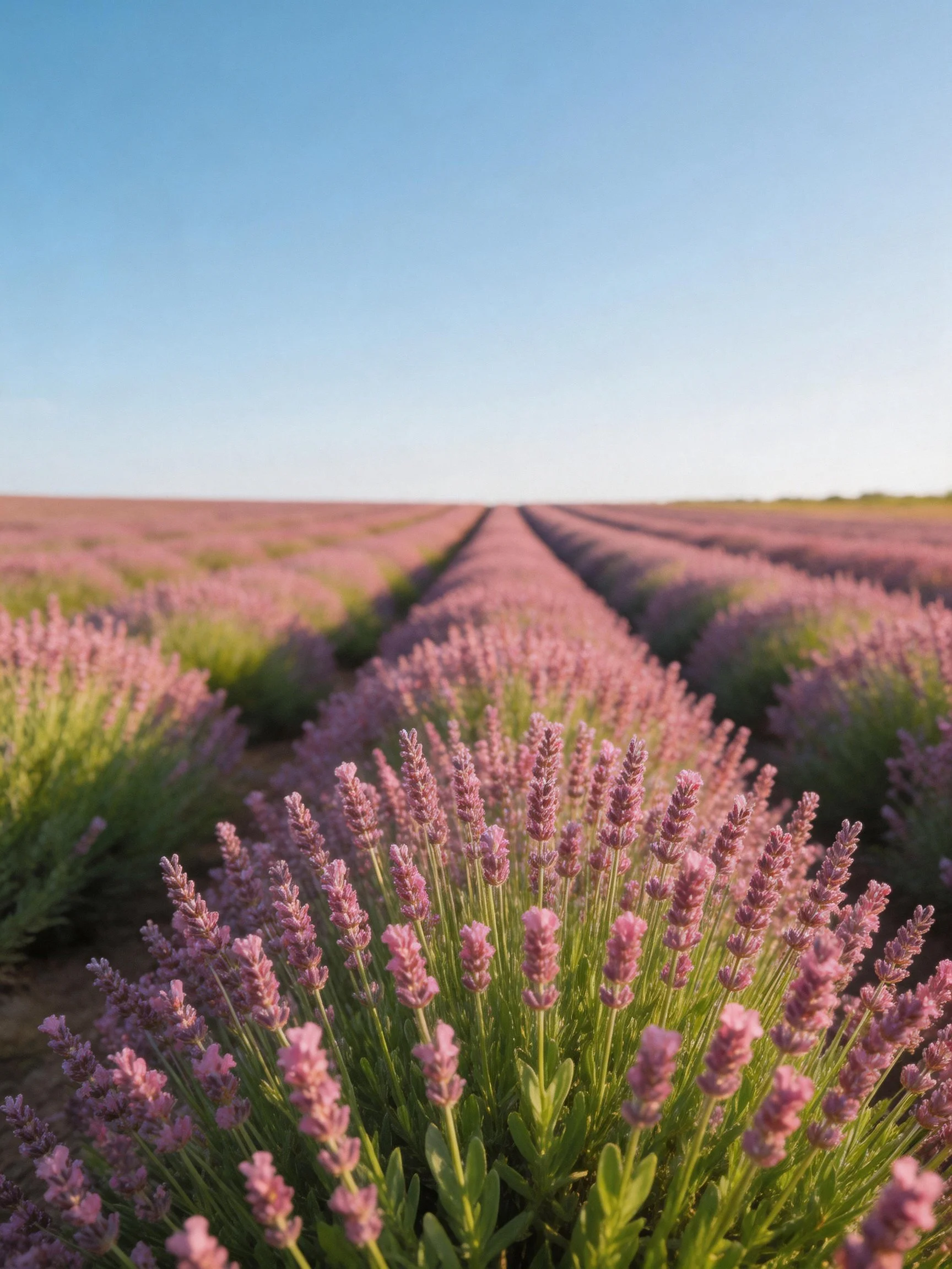 Purple Lavender Rows Stretching Across a Field Under Clear Blue Sky