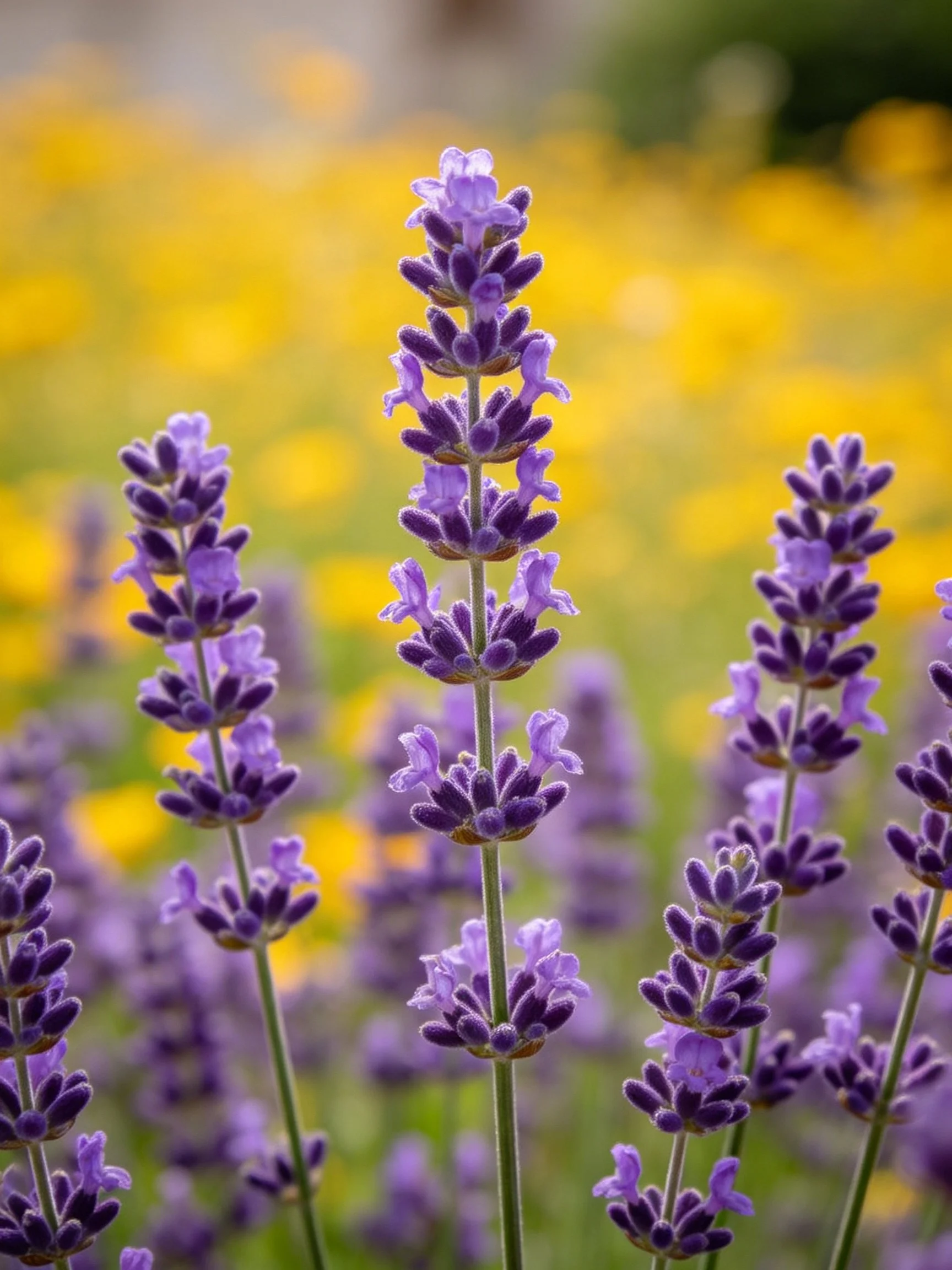 Purple Lavender Stems Among Blurred Yellow Flowers