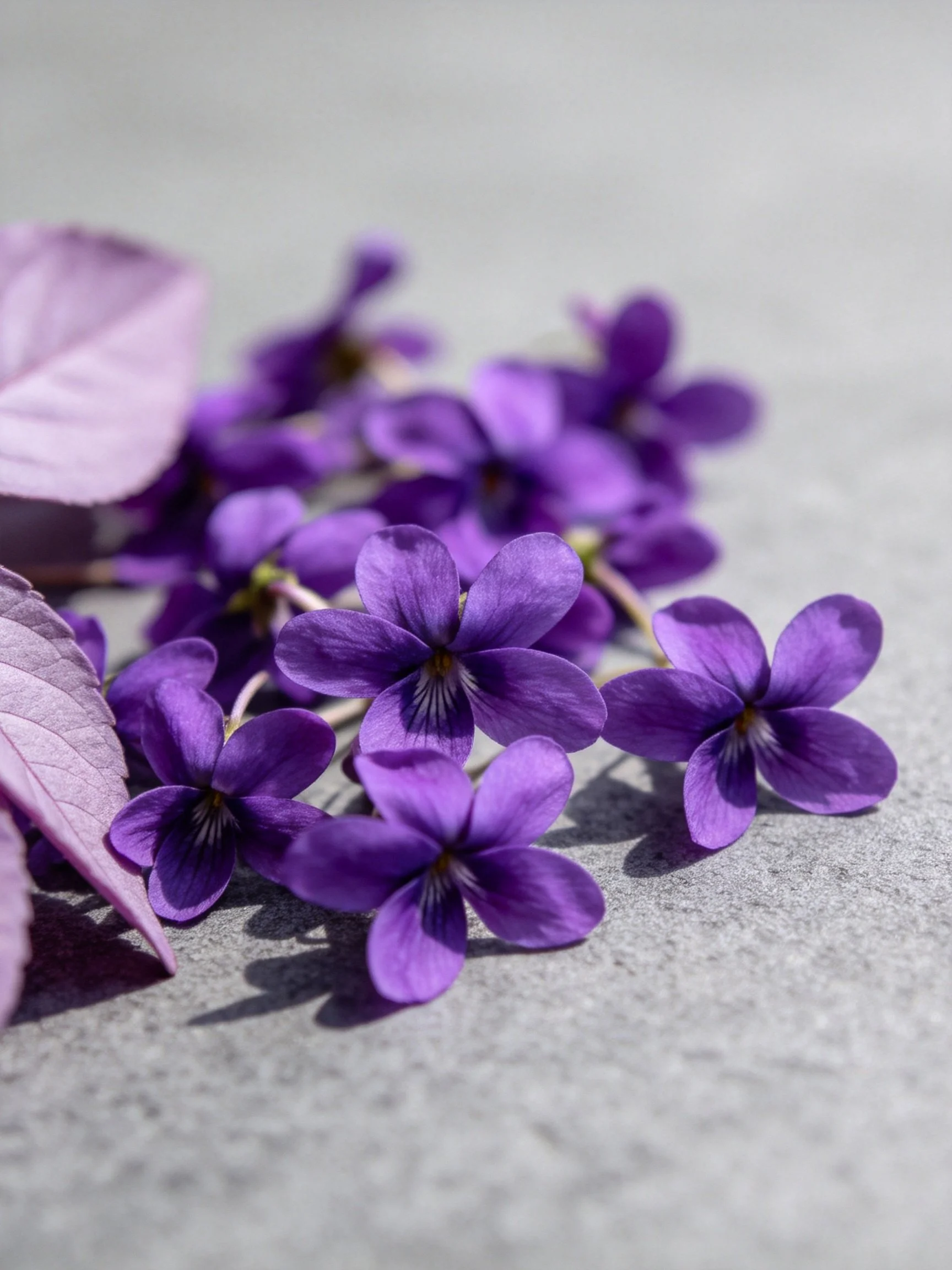 Purple Violet Flowers Arranged on a Gray Surface