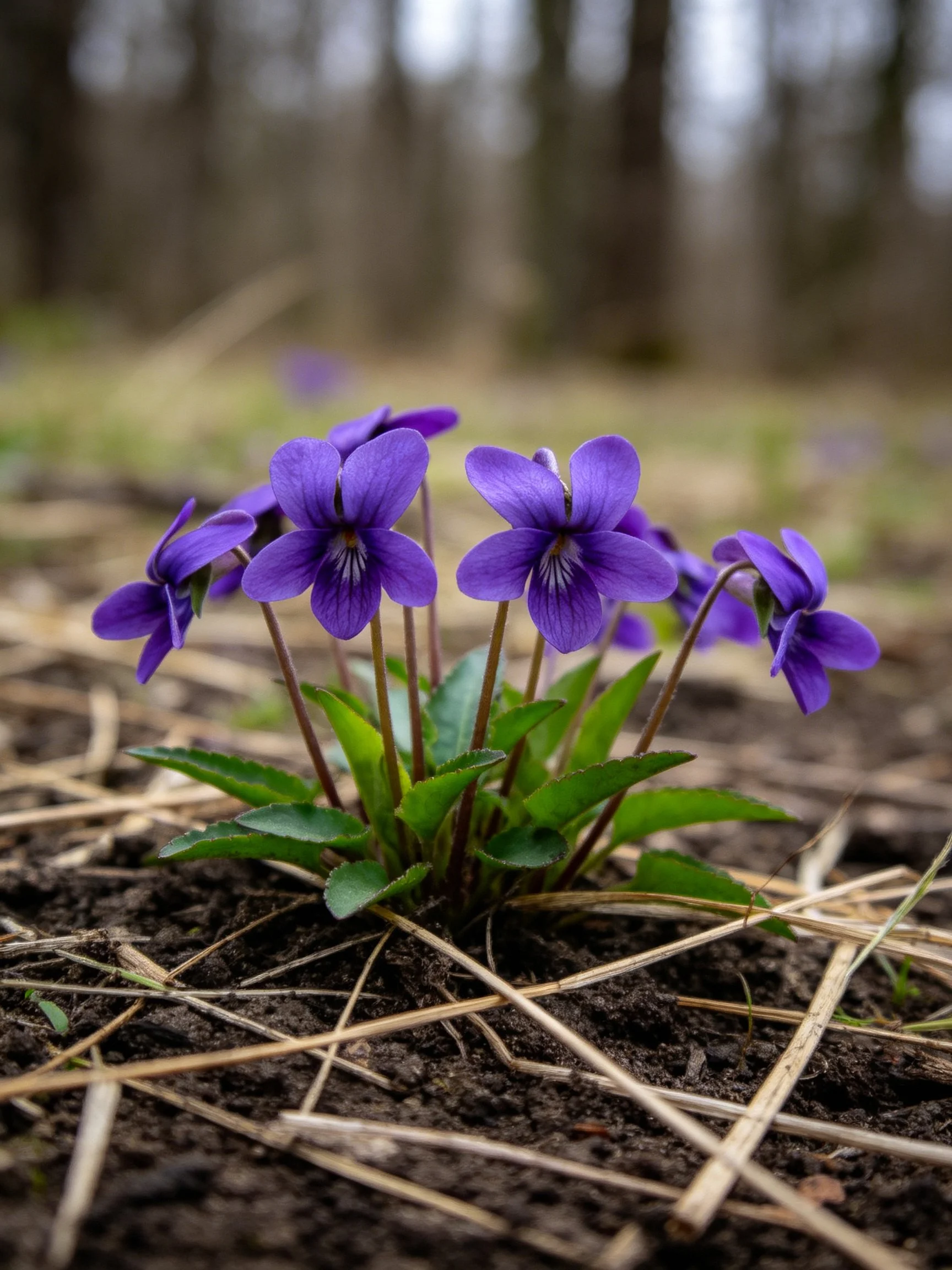 Purple Violet Flowers Growing Among Dark Soil and Straw