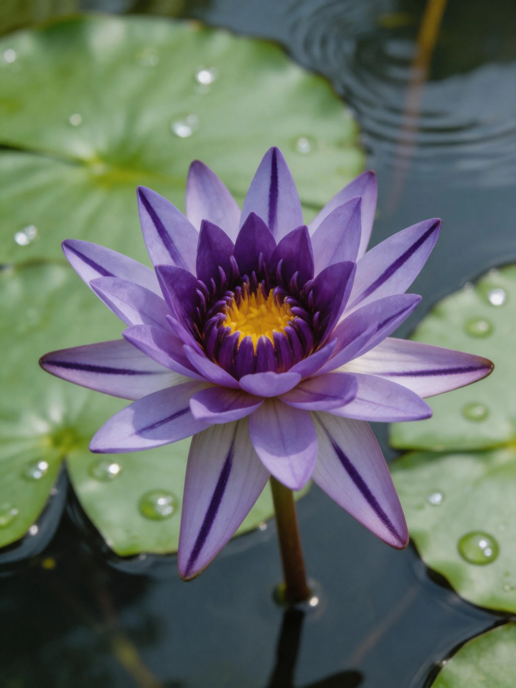 Purple Water Lily with Green Lily Pads in Still Water
