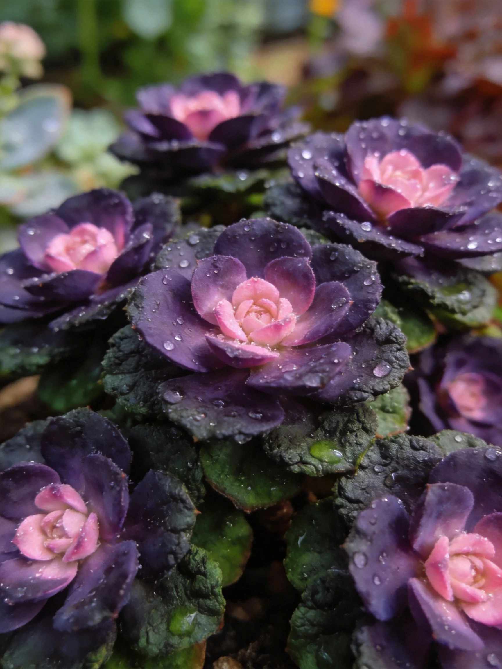 Purple and Pink Succulent Flowers with Water Droplets