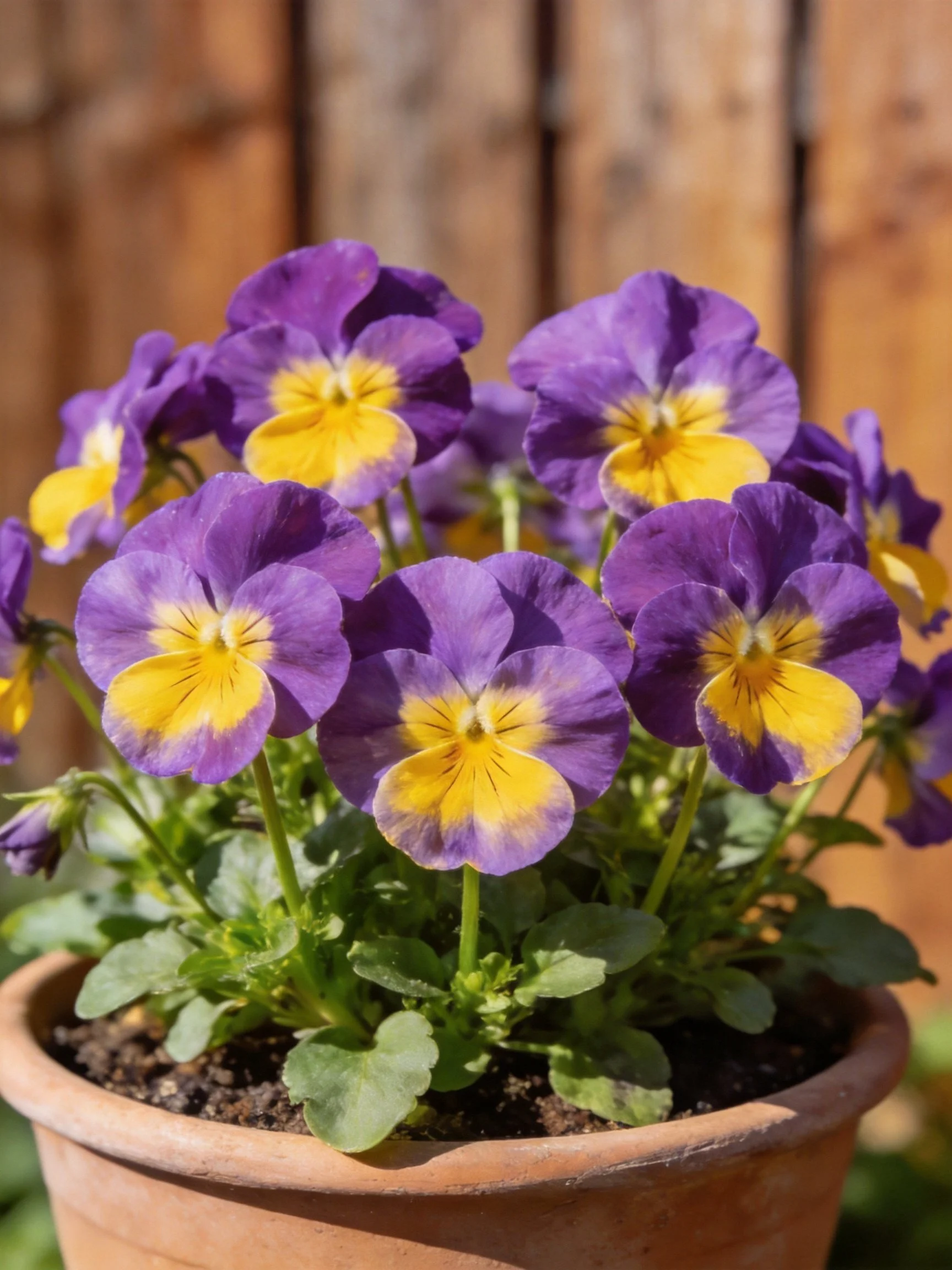 Purple and Yellow Pansy Flowers in a Terracotta Pot