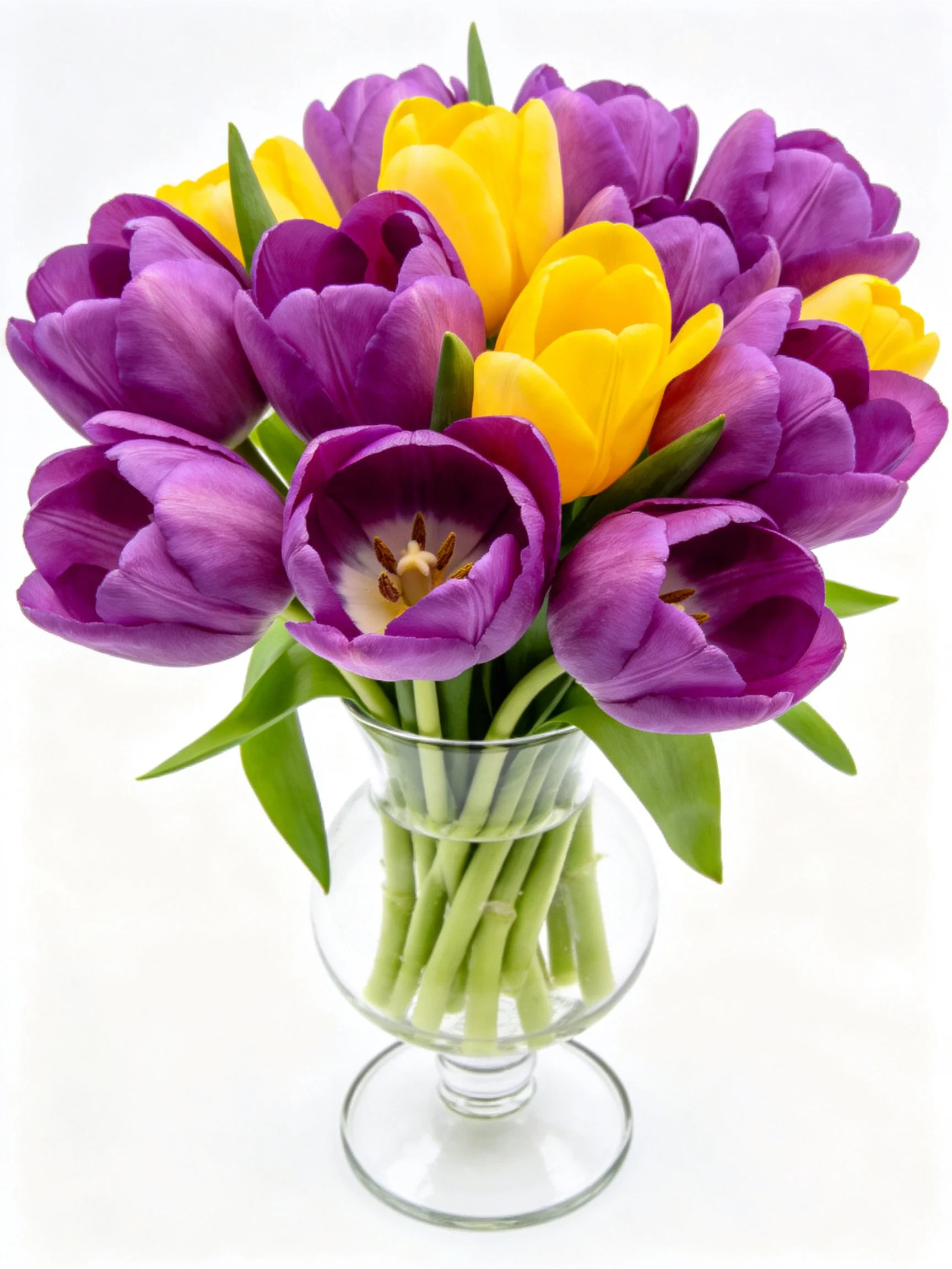 Purple and Yellow Tulip Bouquet in a Clear Glass Vase