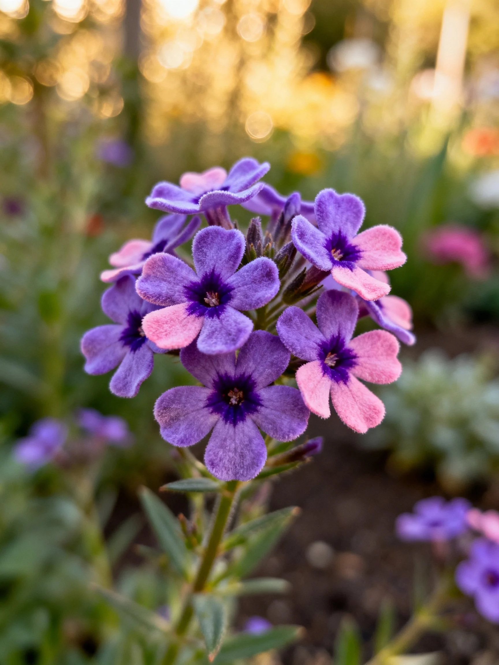 Purple and pink flower cluster with dark centers in a sunlit garden