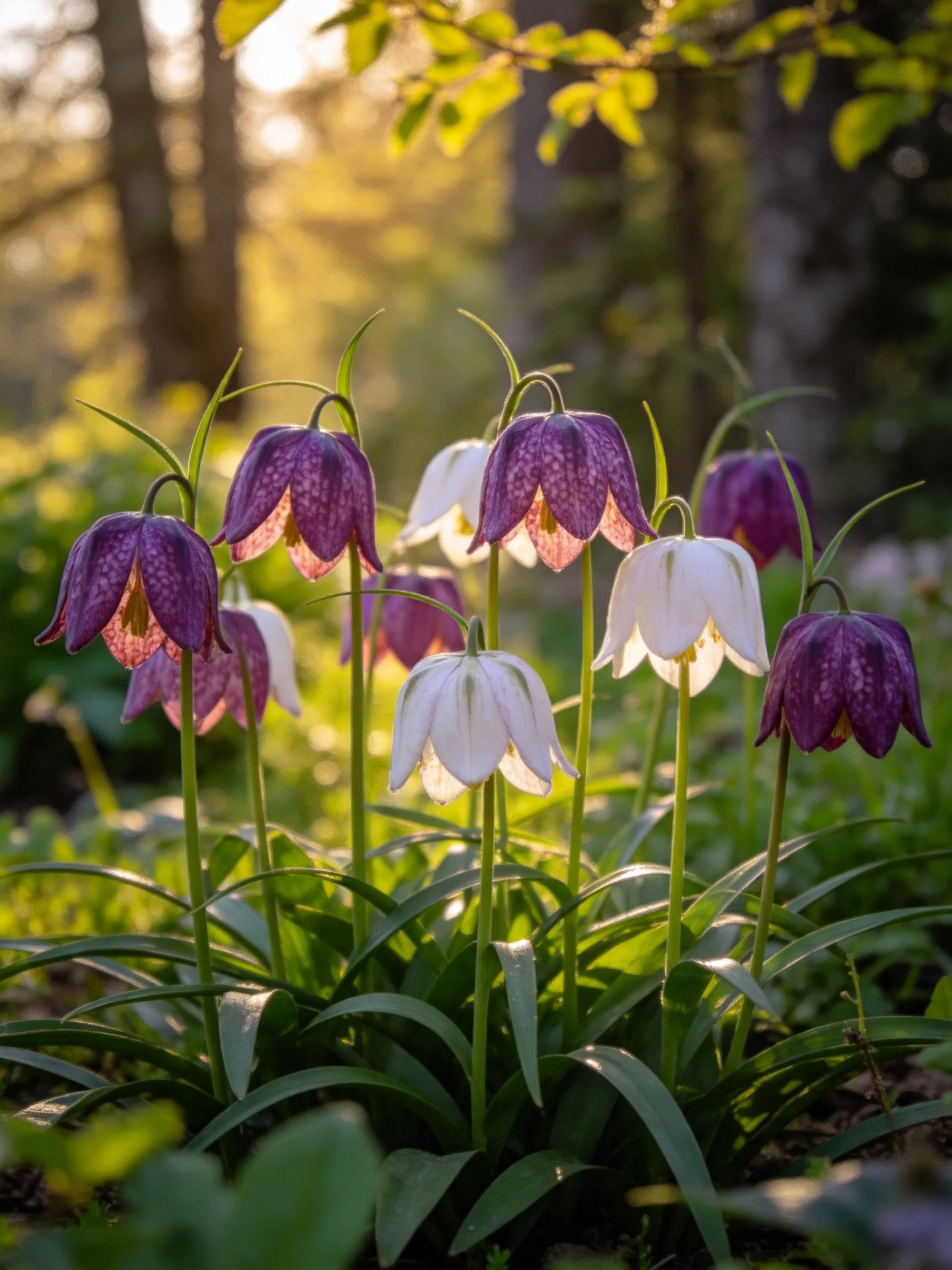 Purple and white bellflowers bloom in sun-dappled forest glade