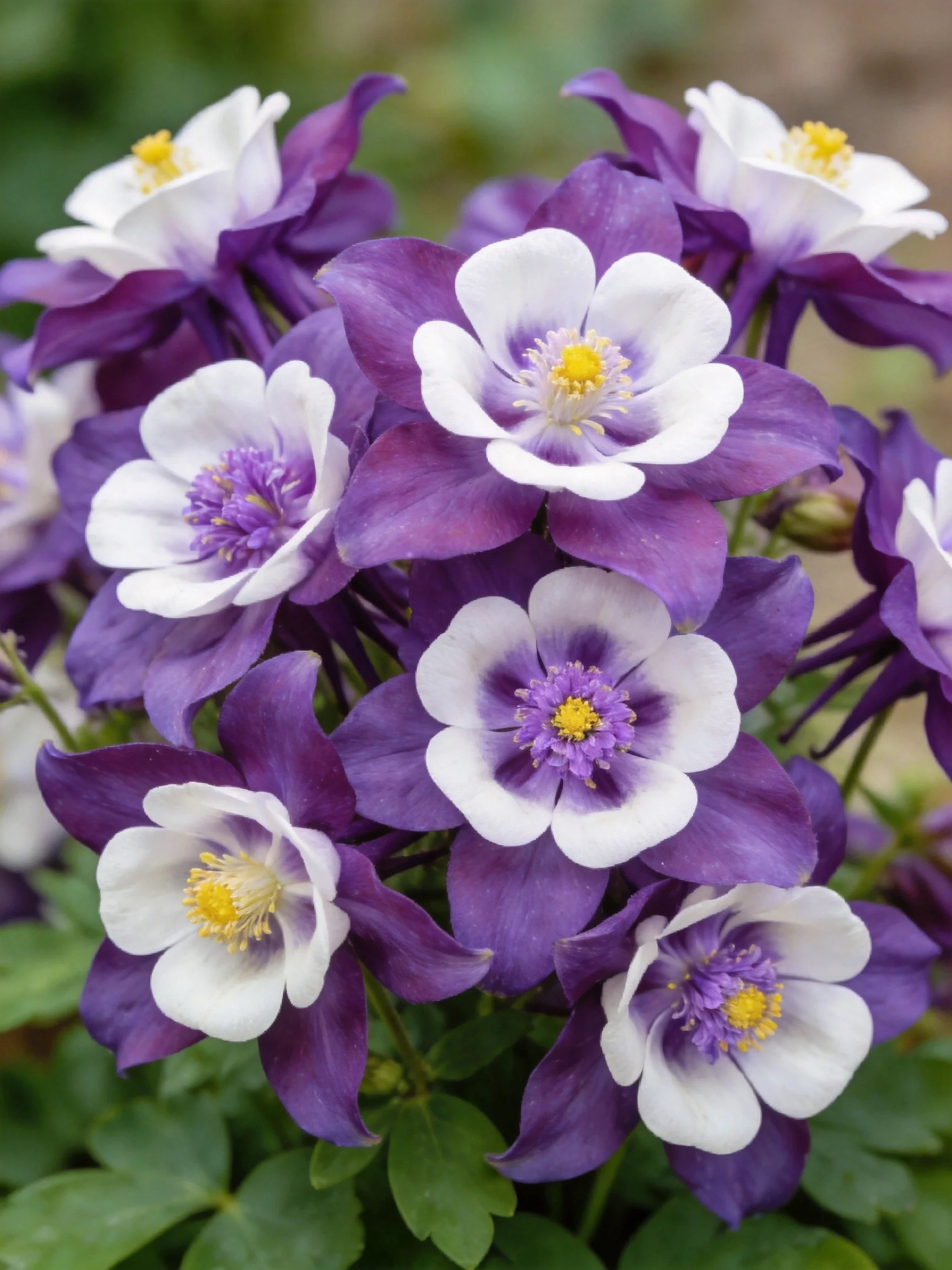 Purple and white columbine flowers clustered in garden setting