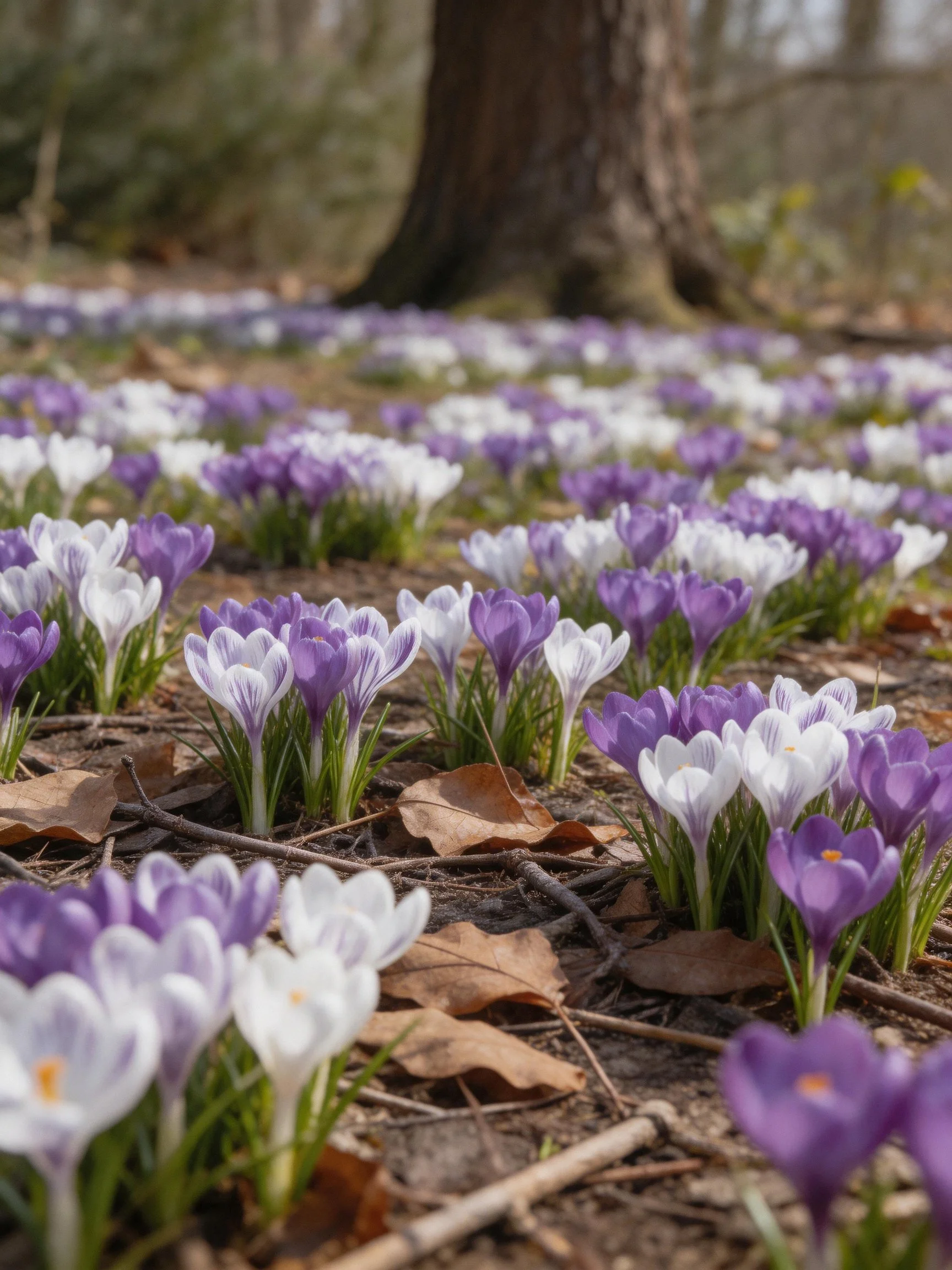 Purple and white crocus flowers near a large tree among dry leaves