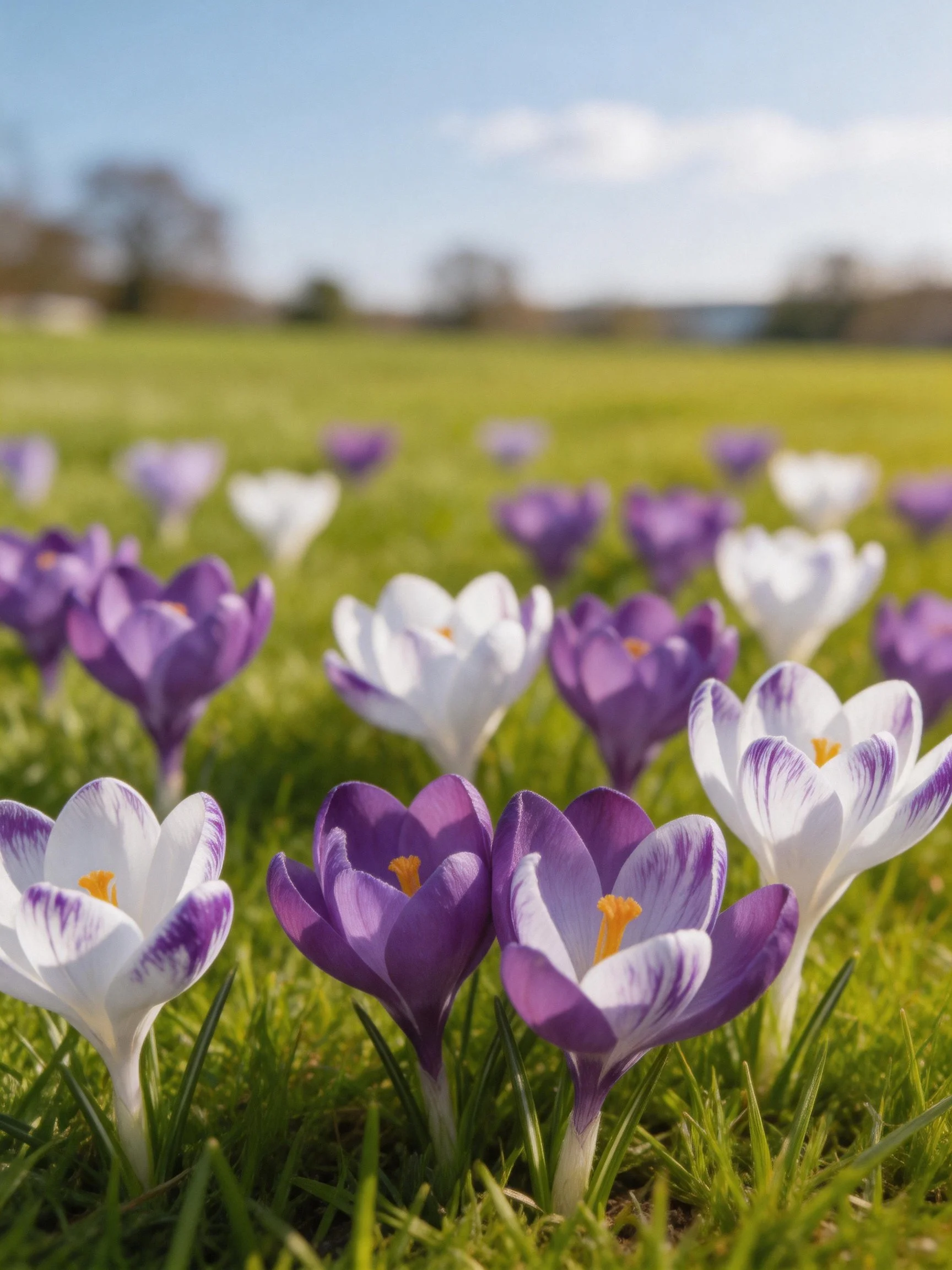 Purple and white crocuses bloom in a sunlit meadow