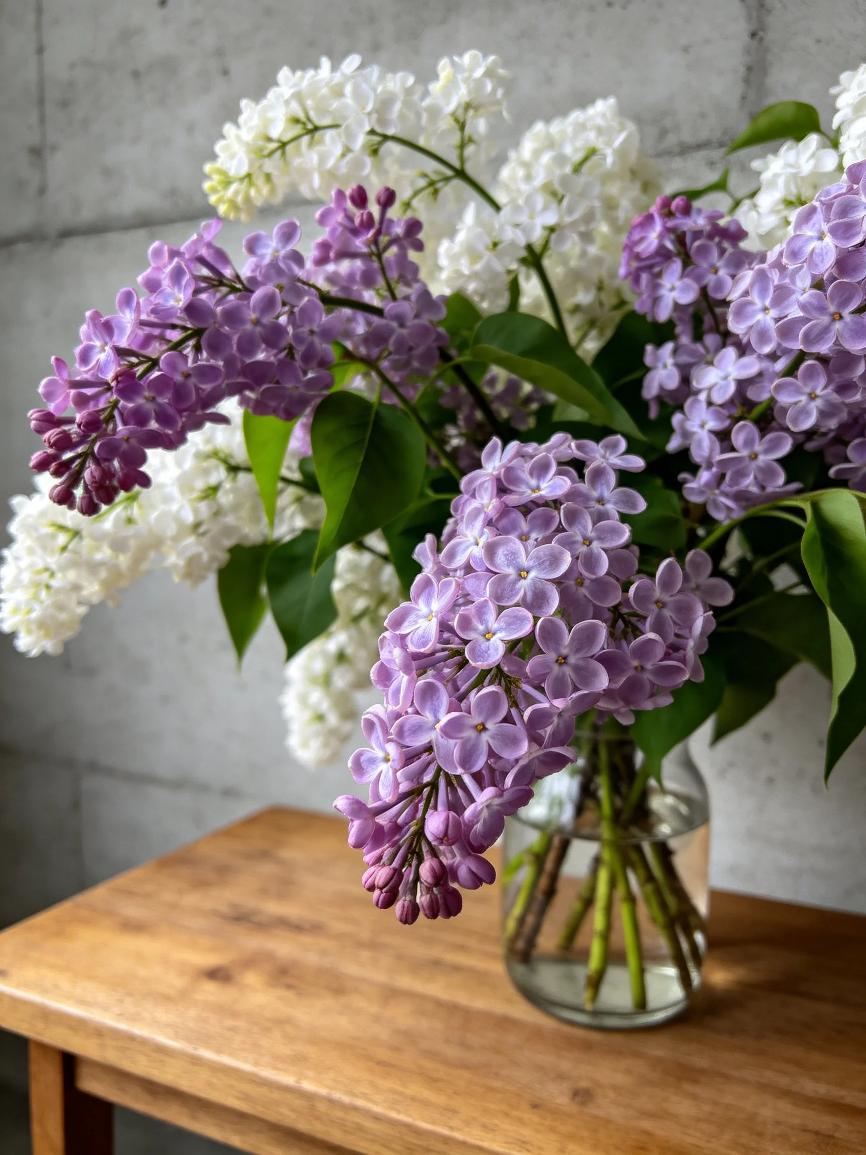 Purple and white lilac blooms arranged in a glass vase on a wooden table