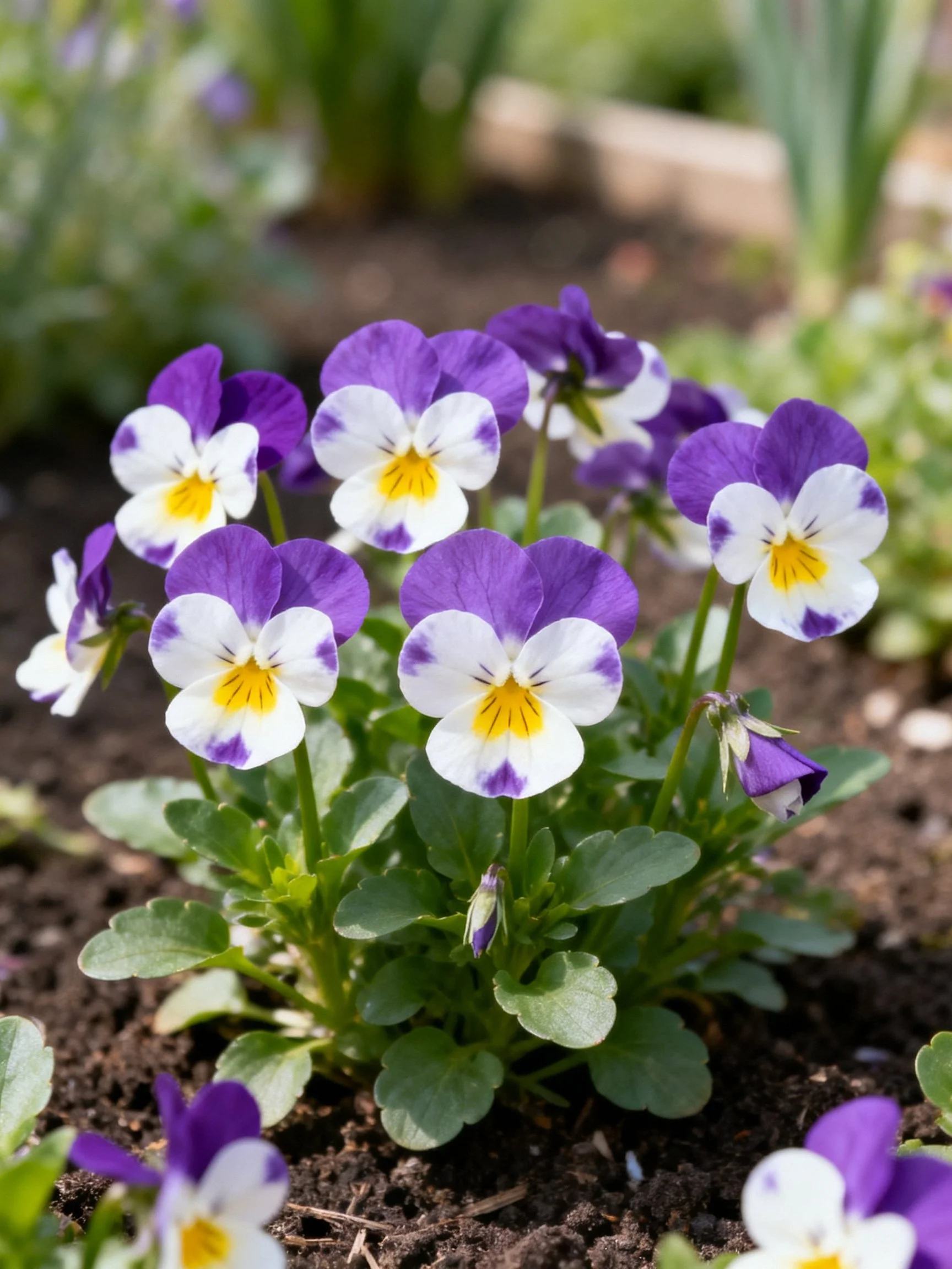 Purple and white pansies with yellow centers blooming in garden soil