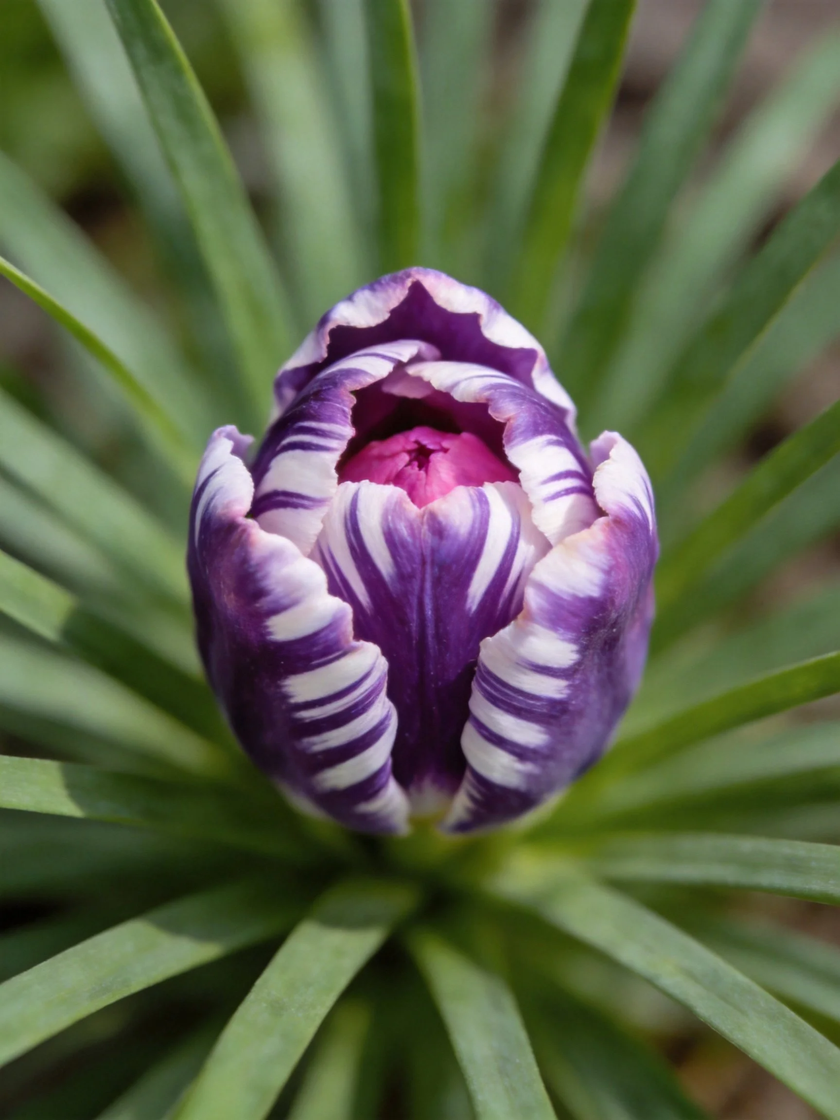 Purple and white striped flower bud with green foliage backdrop