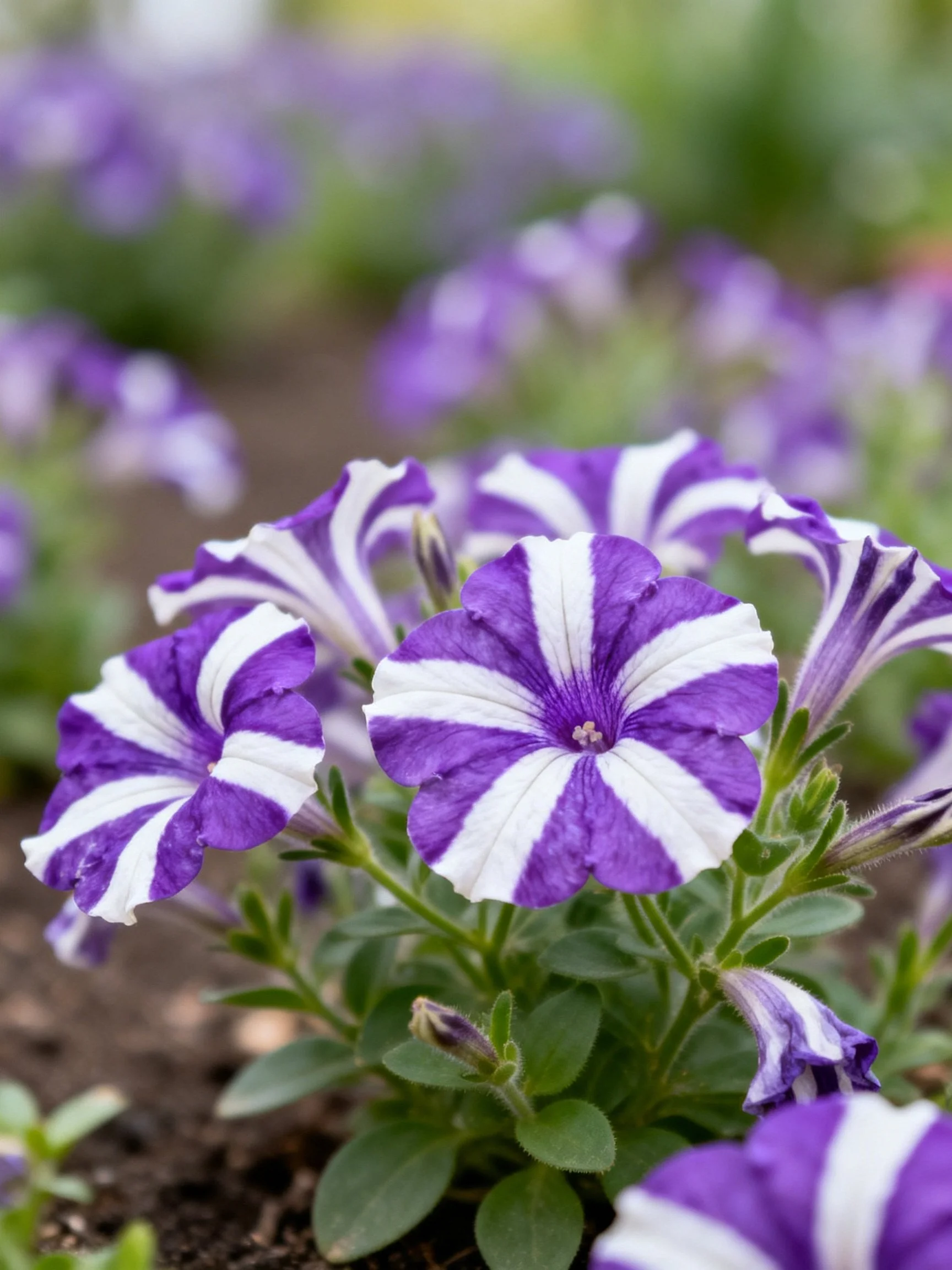 Purple and white striped petunias bloom among green foliage