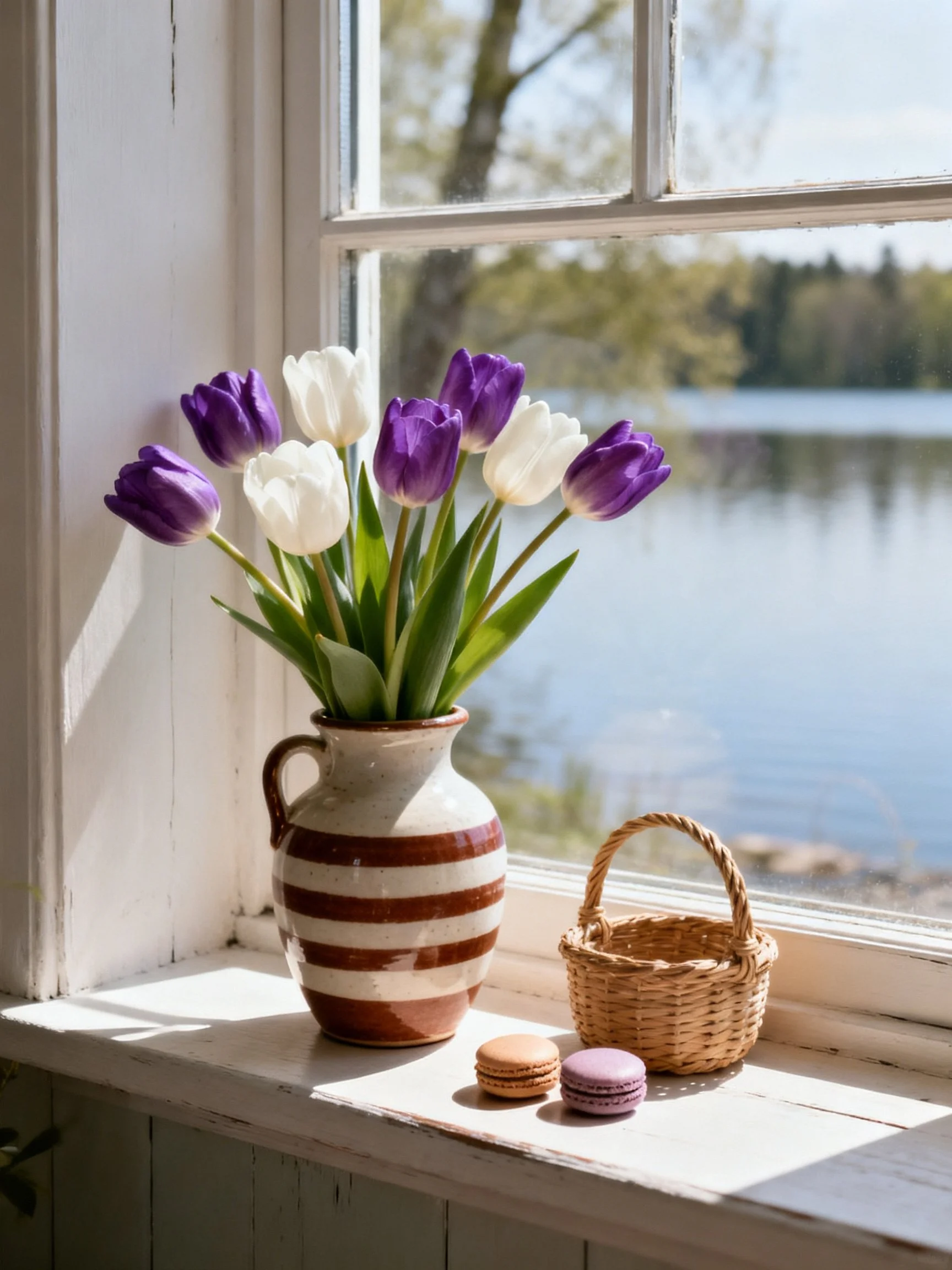 Purple and white tulips in a striped vase with a wicker basket and macarons by a lakeside window