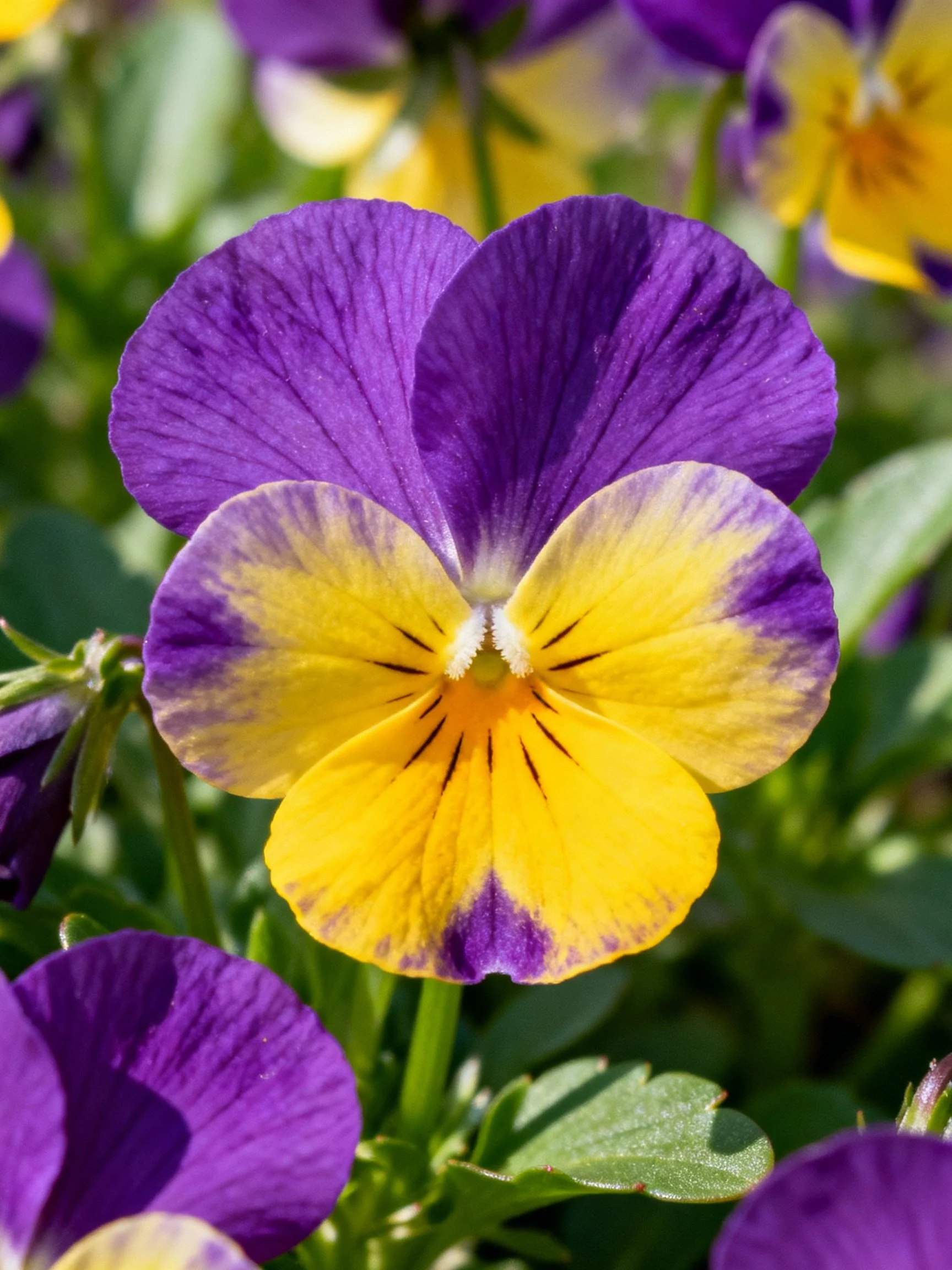 Purple and yellow pansy flower in sharp focus