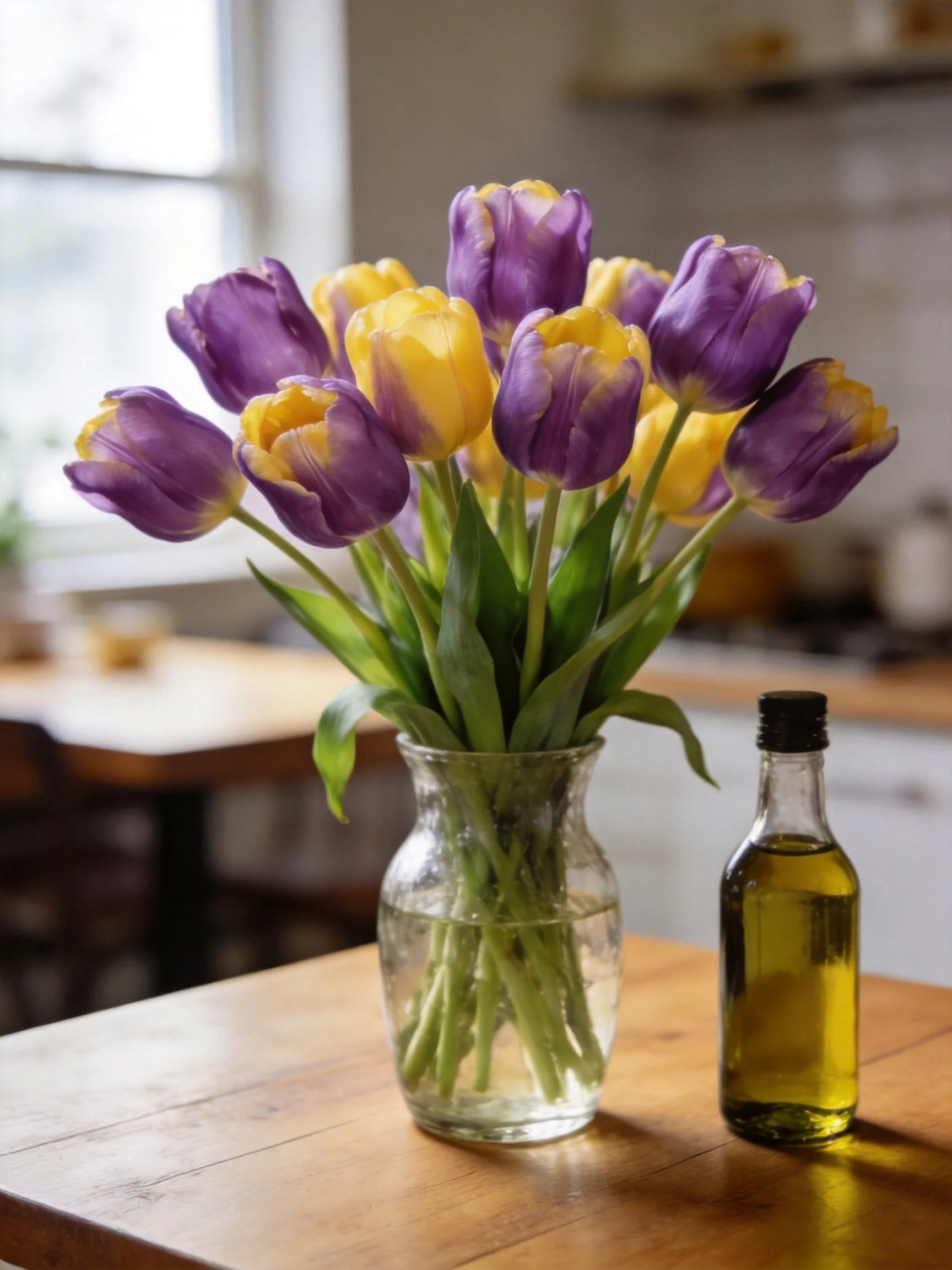 Purple and yellow tulips in glass vase beside small olive oil bottle