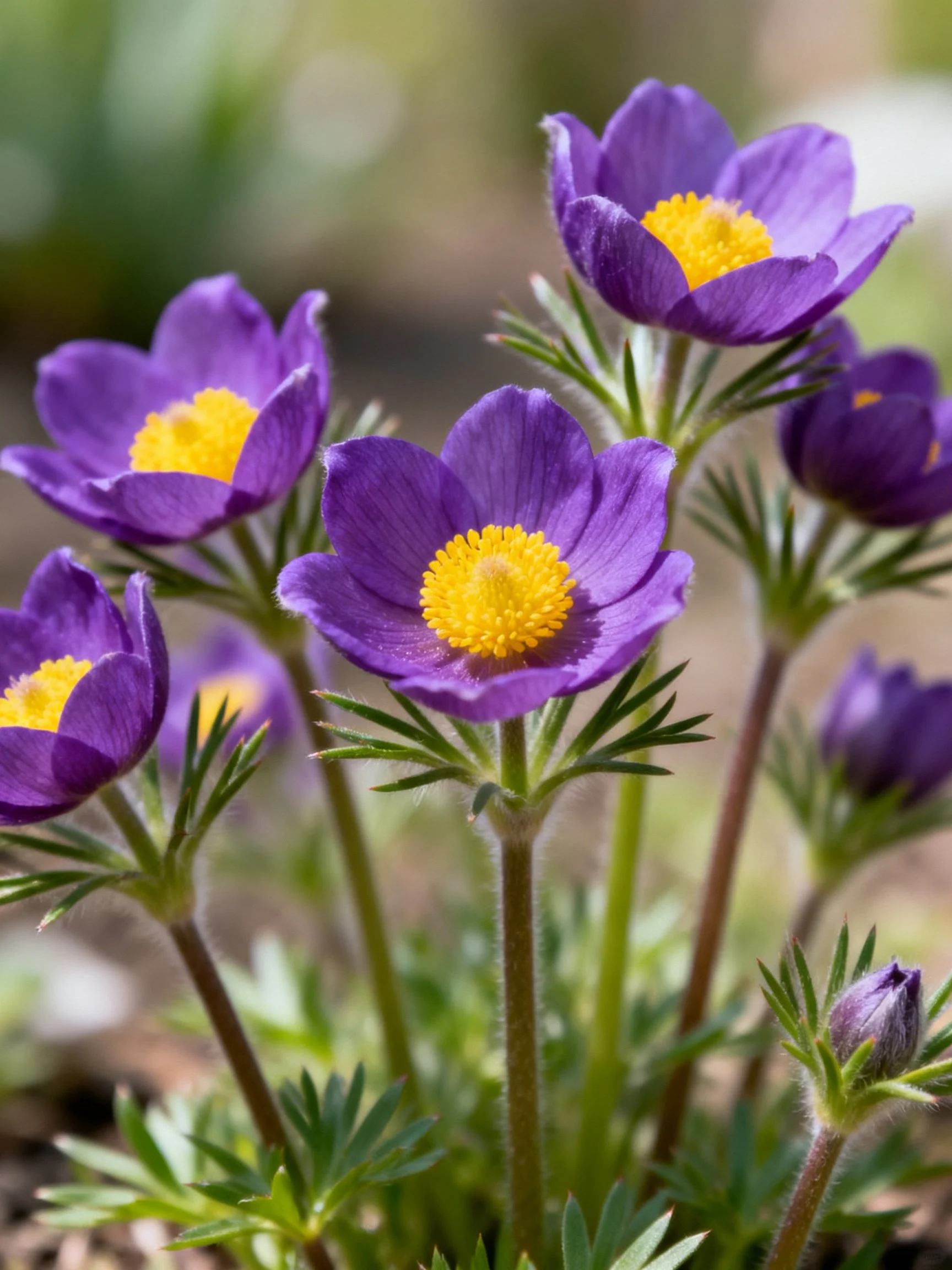 Purple anemones with bright yellow centers among green foliage
