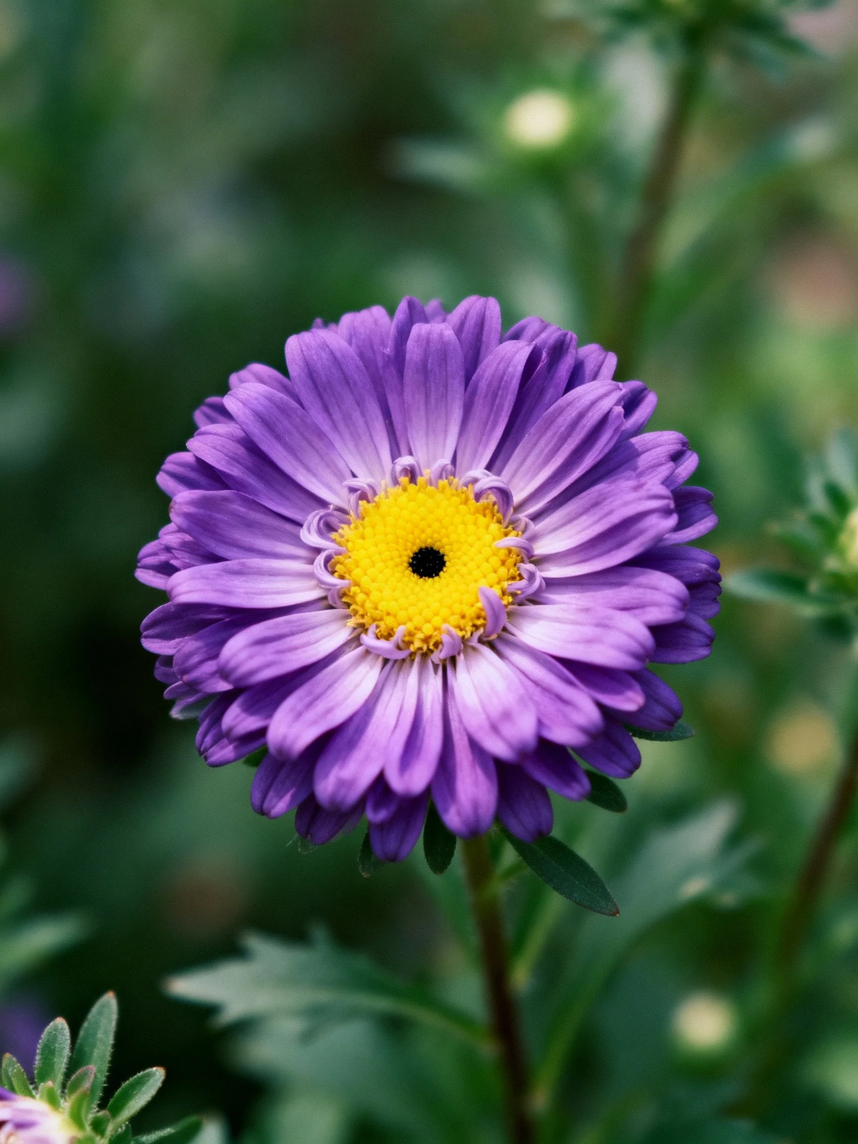 Purple aster flower with yellow center surrounded by greenery