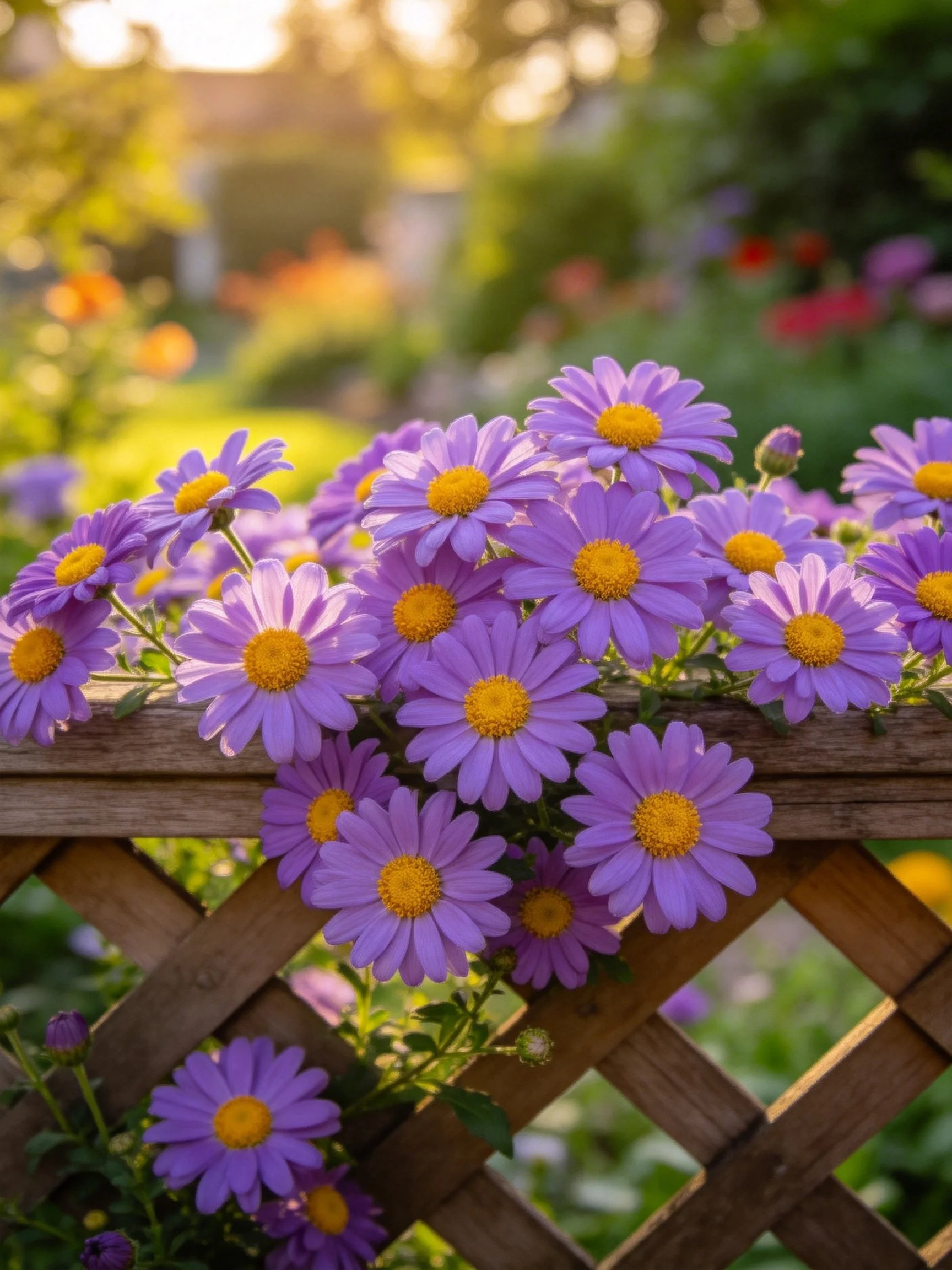 Purple aster flowers bloom over a wooden lattice fence in a sunlit garden