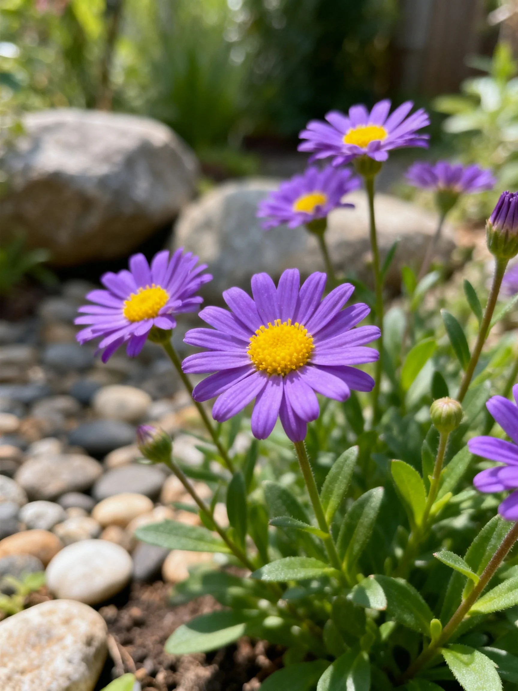 Purple aster flowers with yellow centers near smooth stones