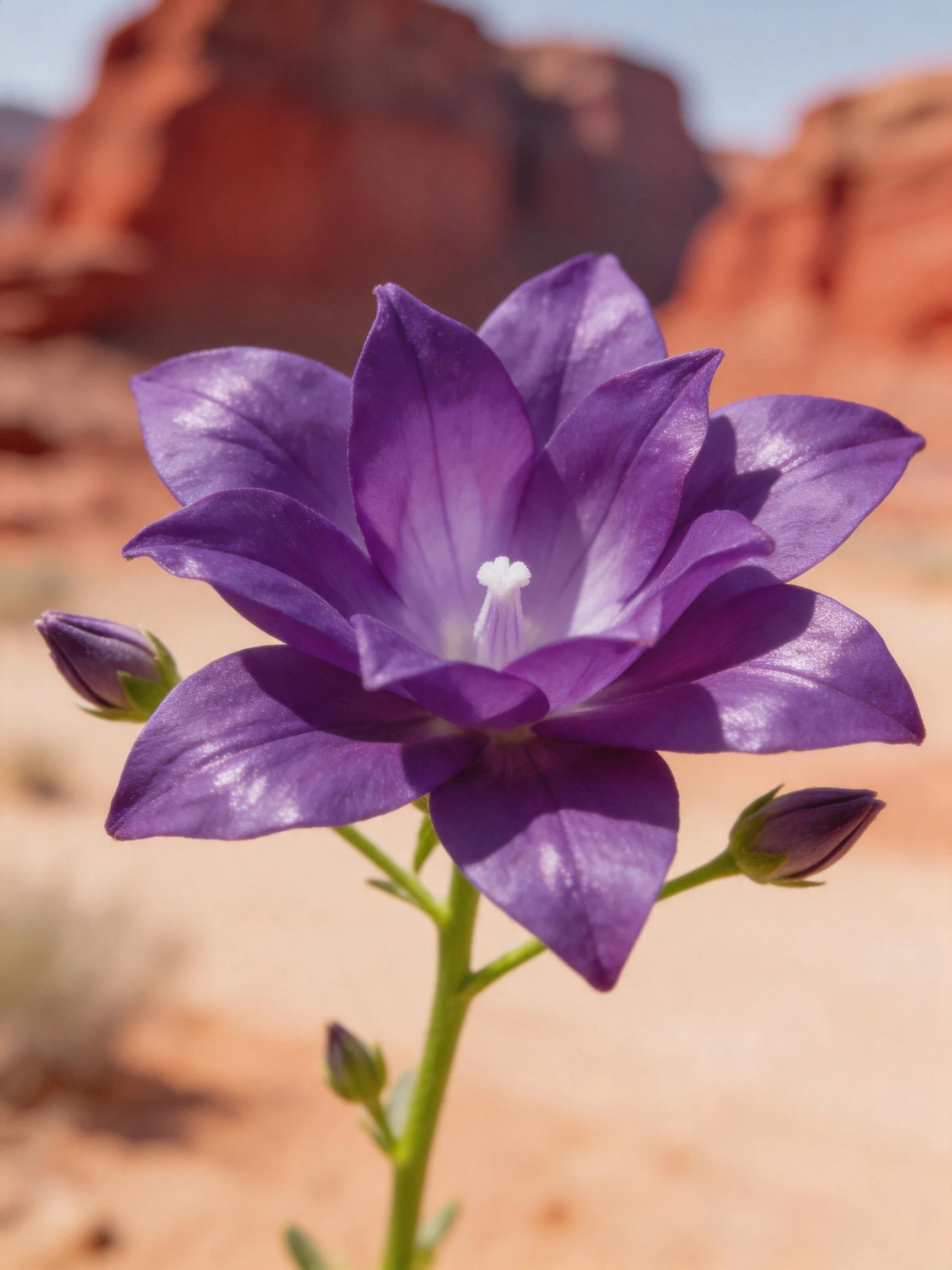 Purple bellflower with buds near red rocky formations