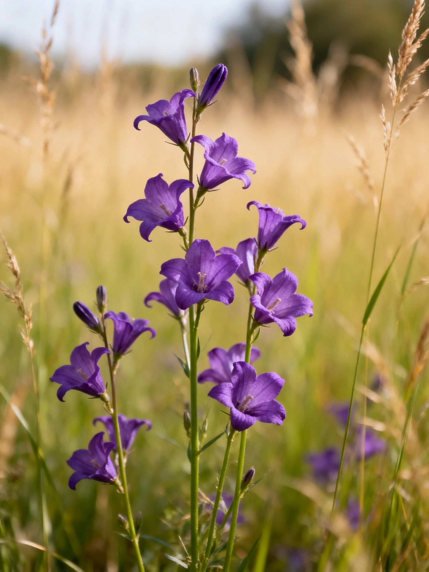 Purple bellflowers thrive amid tall golden wild grasses