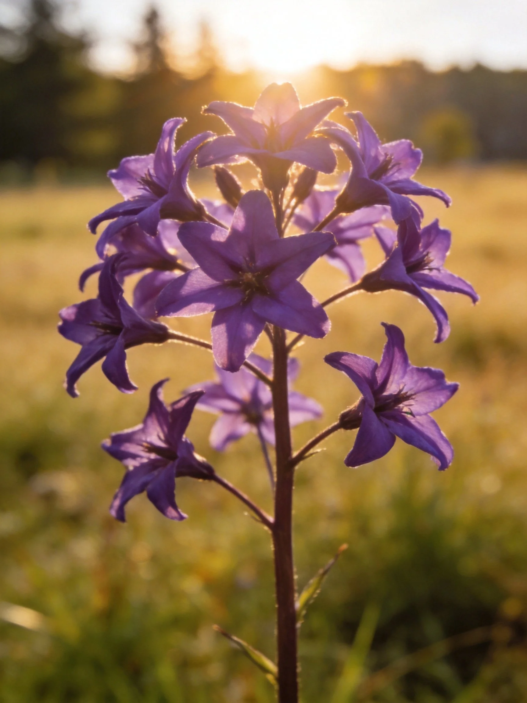 Purple clustered bell flowers illuminated by golden sunset