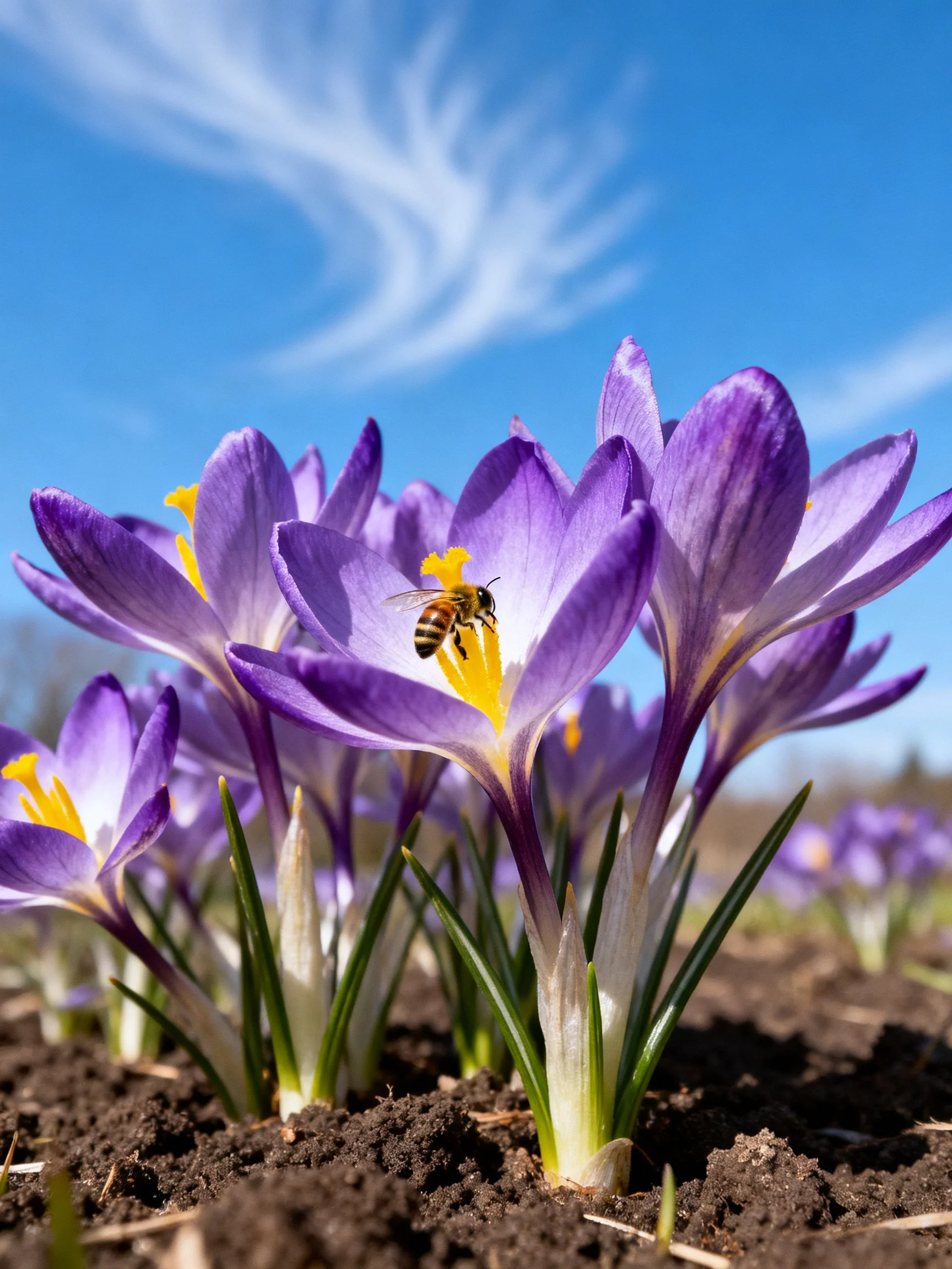 Purple crocus blooms with a bee amid dark earth under bright blue sky
