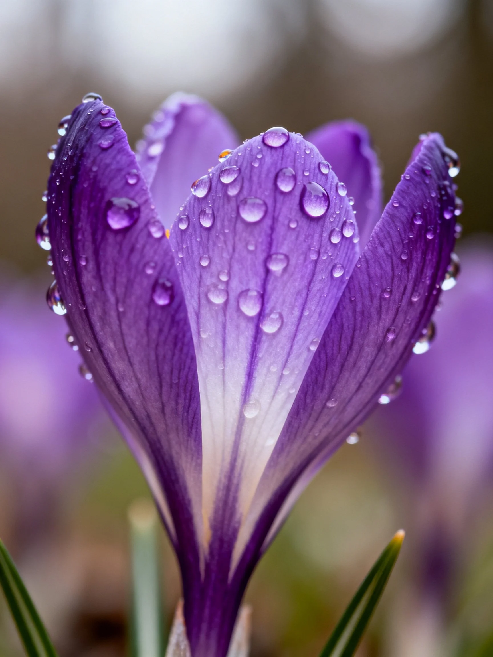Purple crocus flower adorned with water droplets in close-up