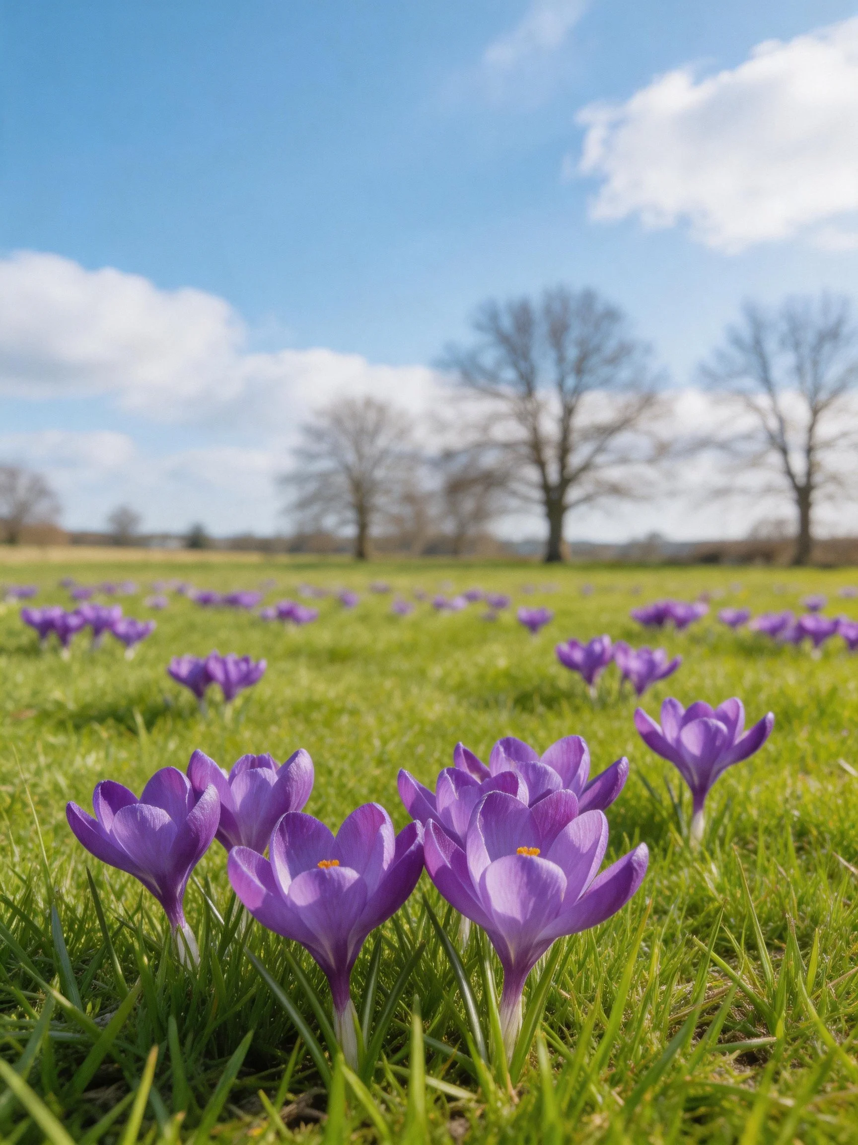 Purple crocus flowers bloom in a lush green field under blue sky