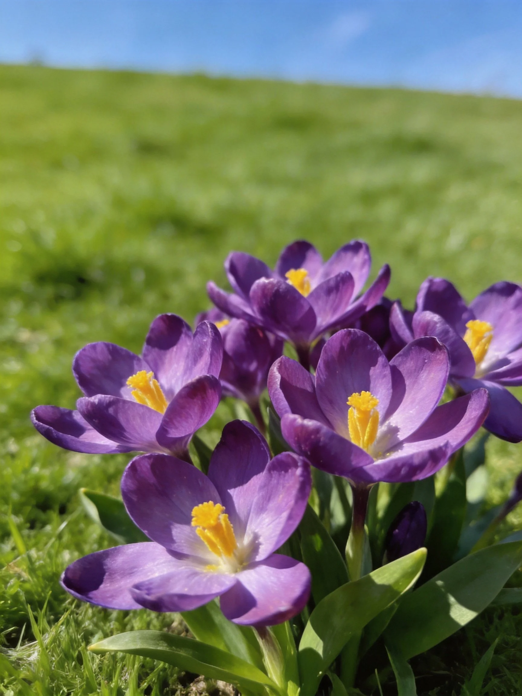 Purple crocus flowers cluster on green grass under clear blue sky