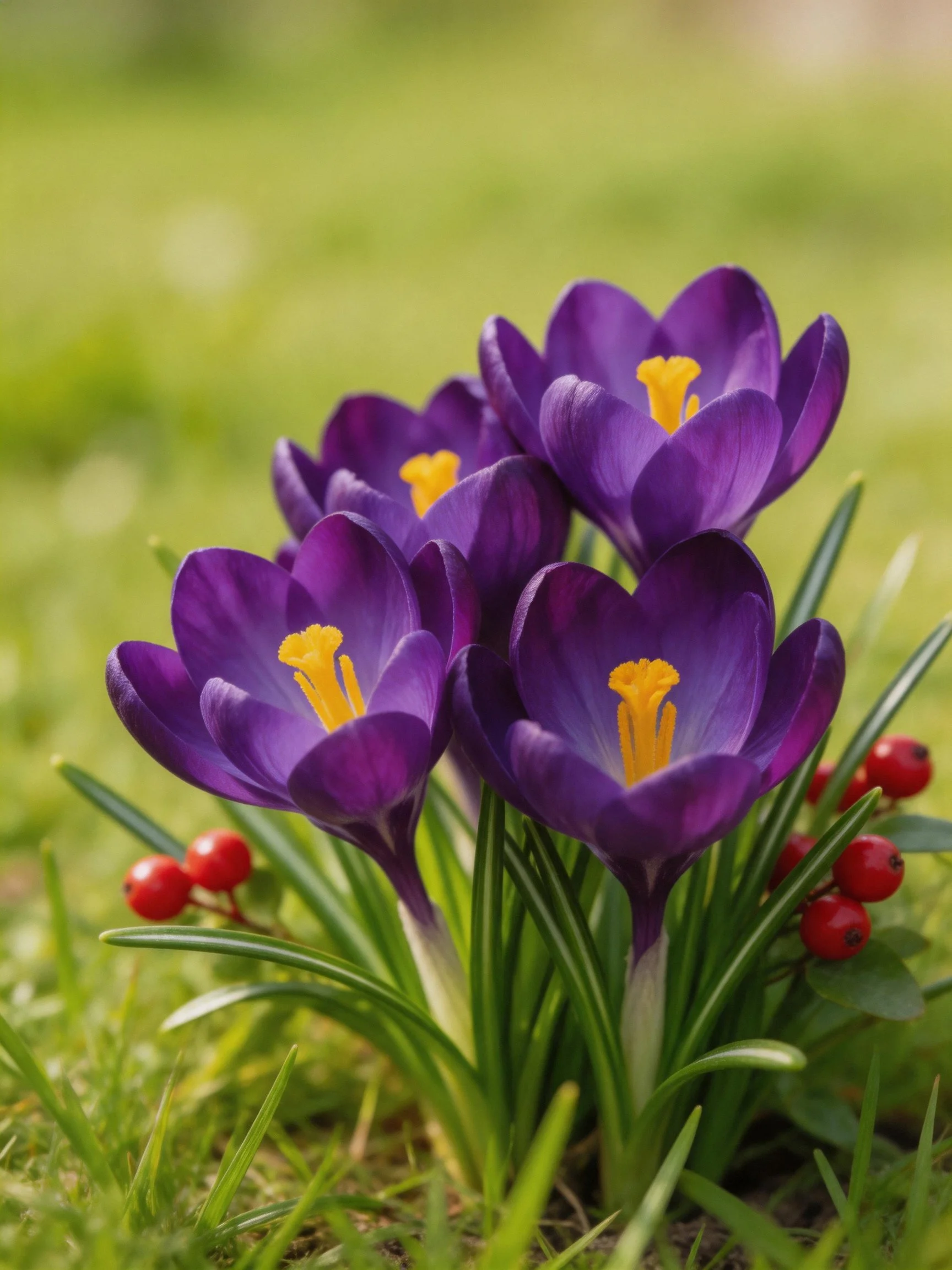 Purple crocus flowers with yellow centers beside red berries on green grass